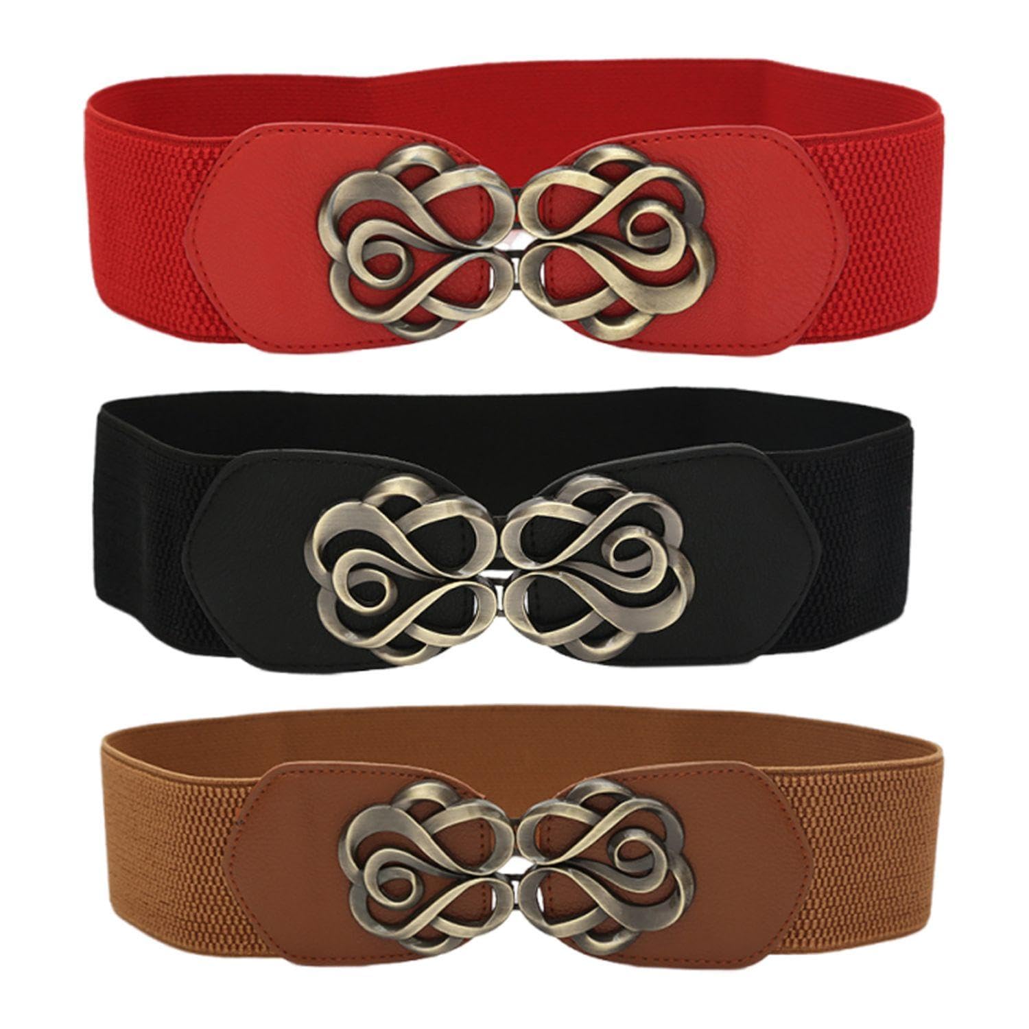 3 Pieces Rose Buckle Belt, Retro Belt, Elastic Elastic Belt, Wide Belt For Women, Decorative Belt