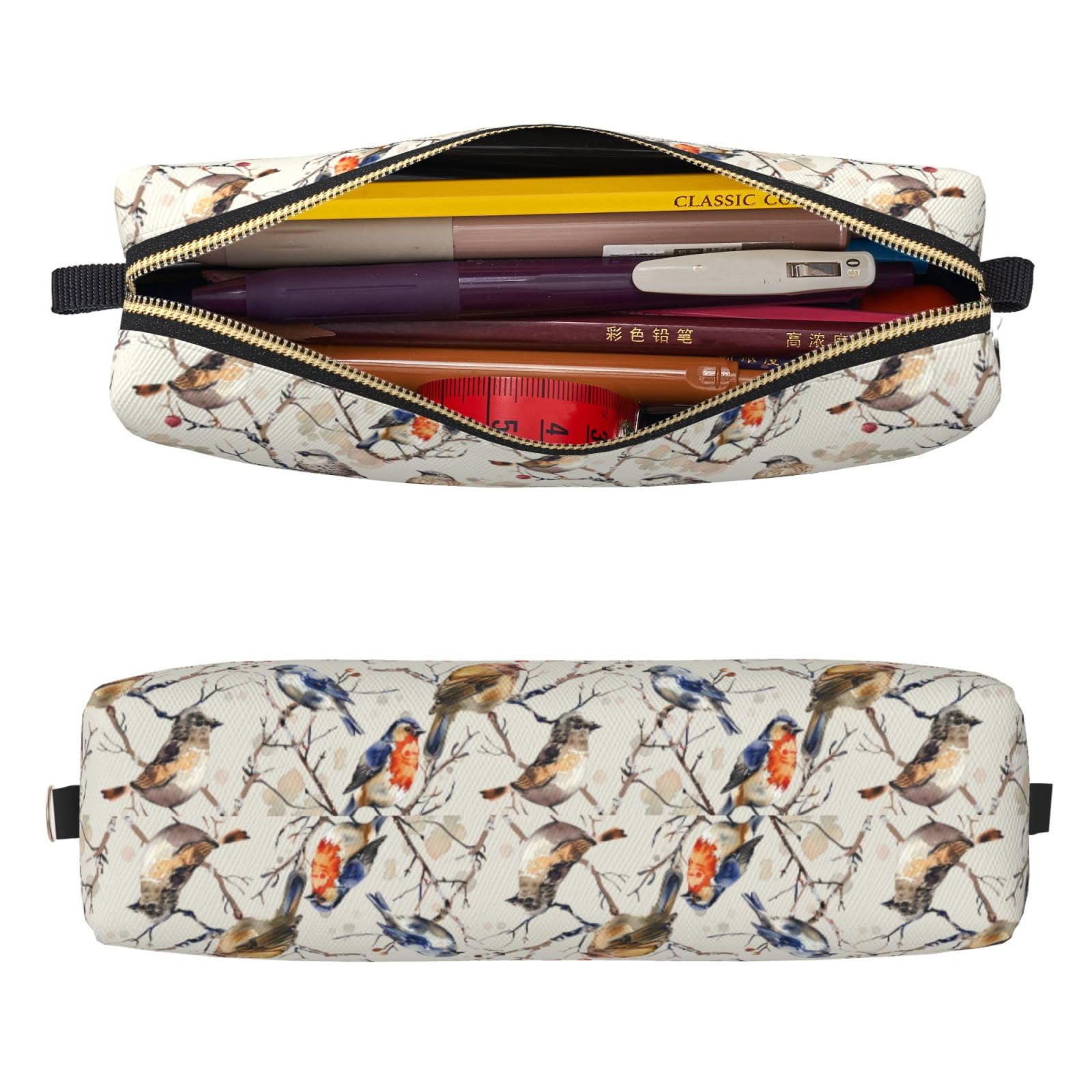 Mexpekil Leather Pencil Case for Girls Boys Birds Tree Branch Small Pen Organizer Bag Zipper Slim Multi-Use Pouch for School Supplies Kids Adults