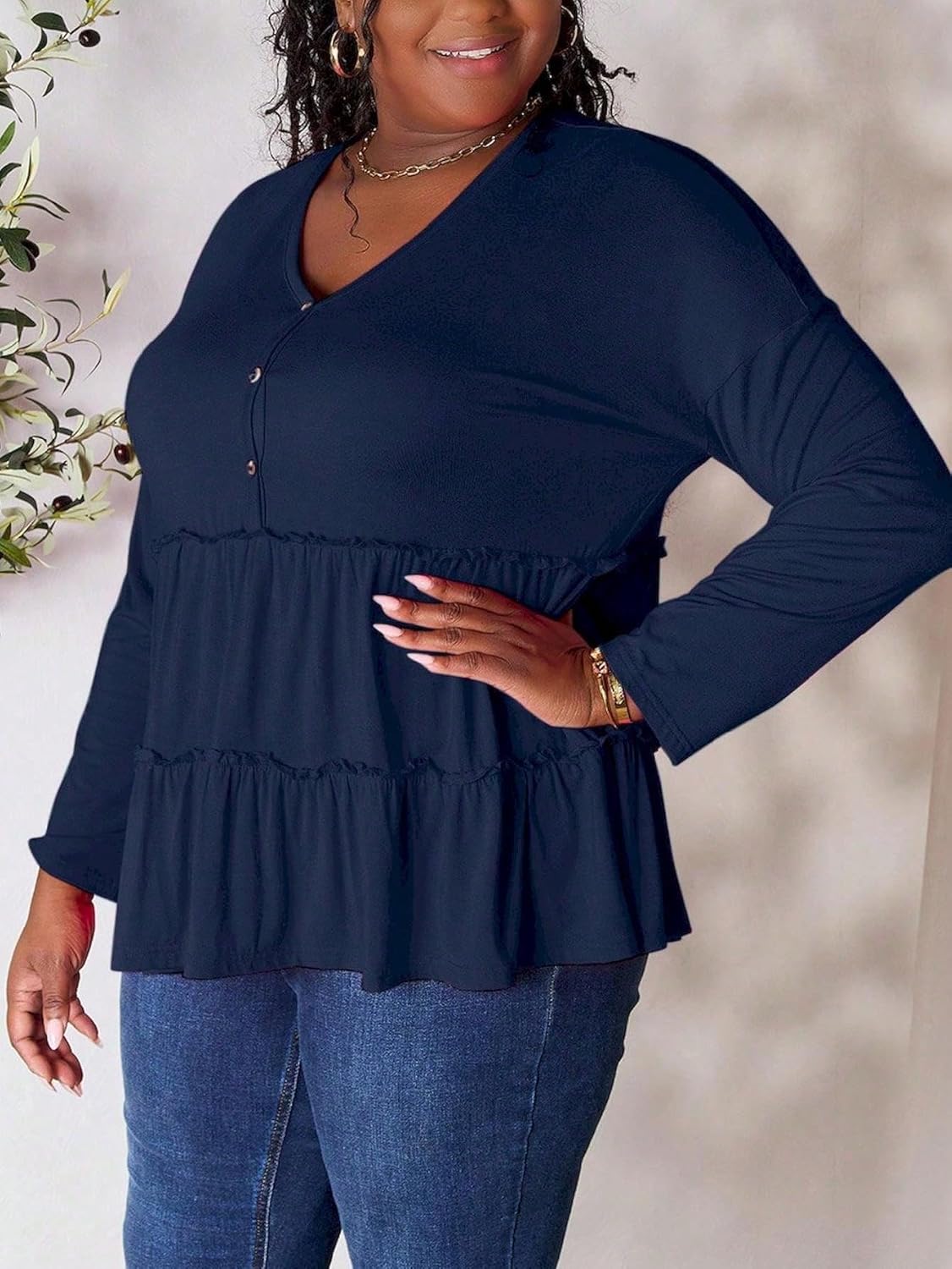 SIZE XLWomen's Casual Blouse Ruffle Layered Half Button Blouse Top Charcoal Lightweight Knit Fabric Long Sleeve Button-Front