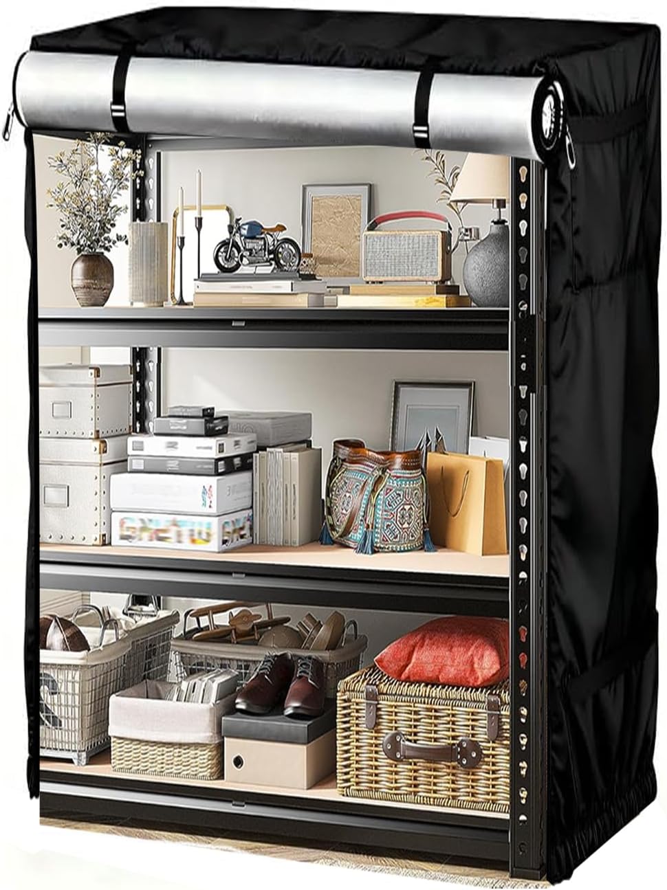 Garage Storage Shelves Cover (Cover Only) - 79" L x 24" W x 79" H, Heavy Duty 420D Waterproof Garage Shelving Covers, UV & Fade Resistant, All Weather Protection Shelving Caces, Black