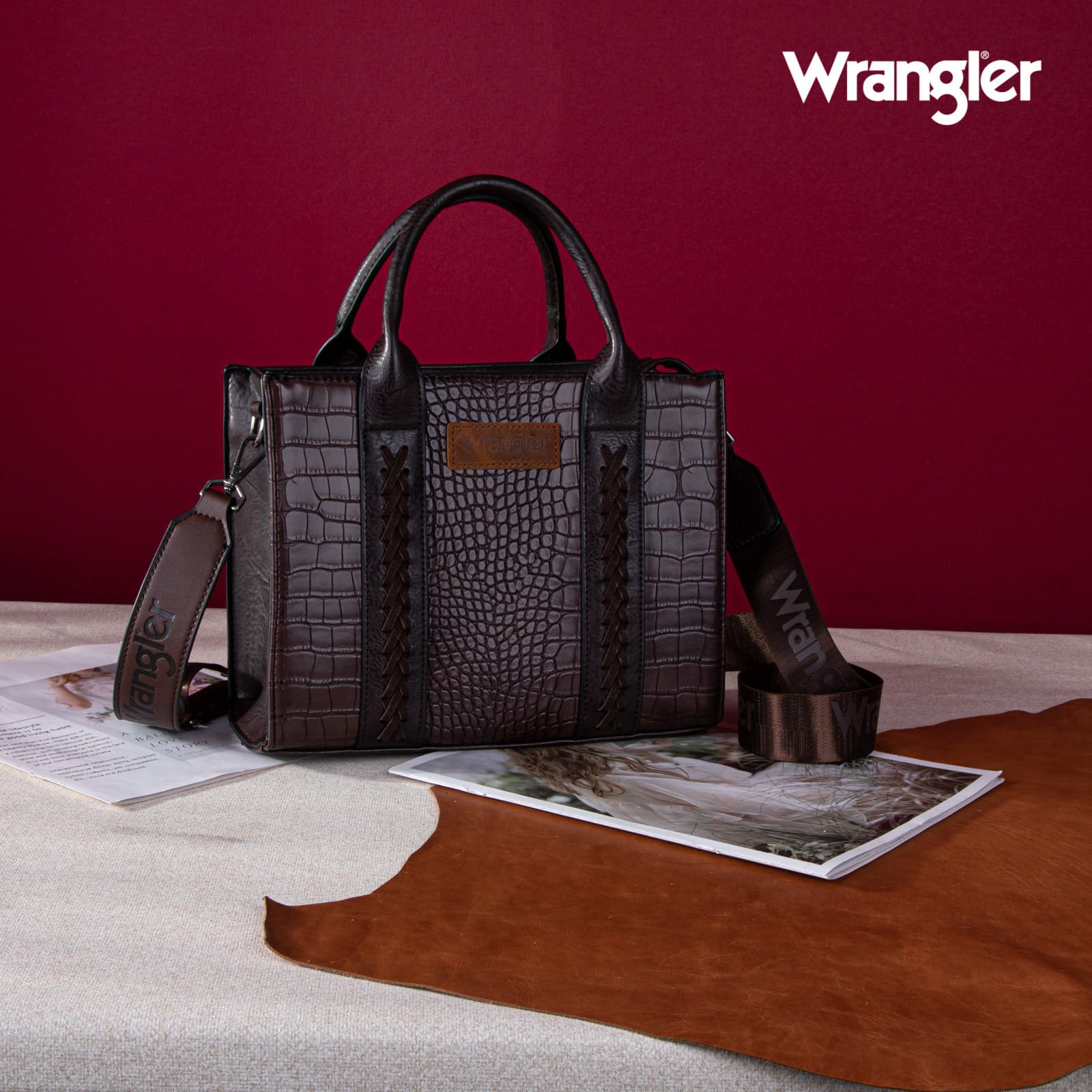 Wrangler Medium Tote Bag for Women Designer Satchel Handbags Top-handle Purses with Strap: Crocodile-coffee
