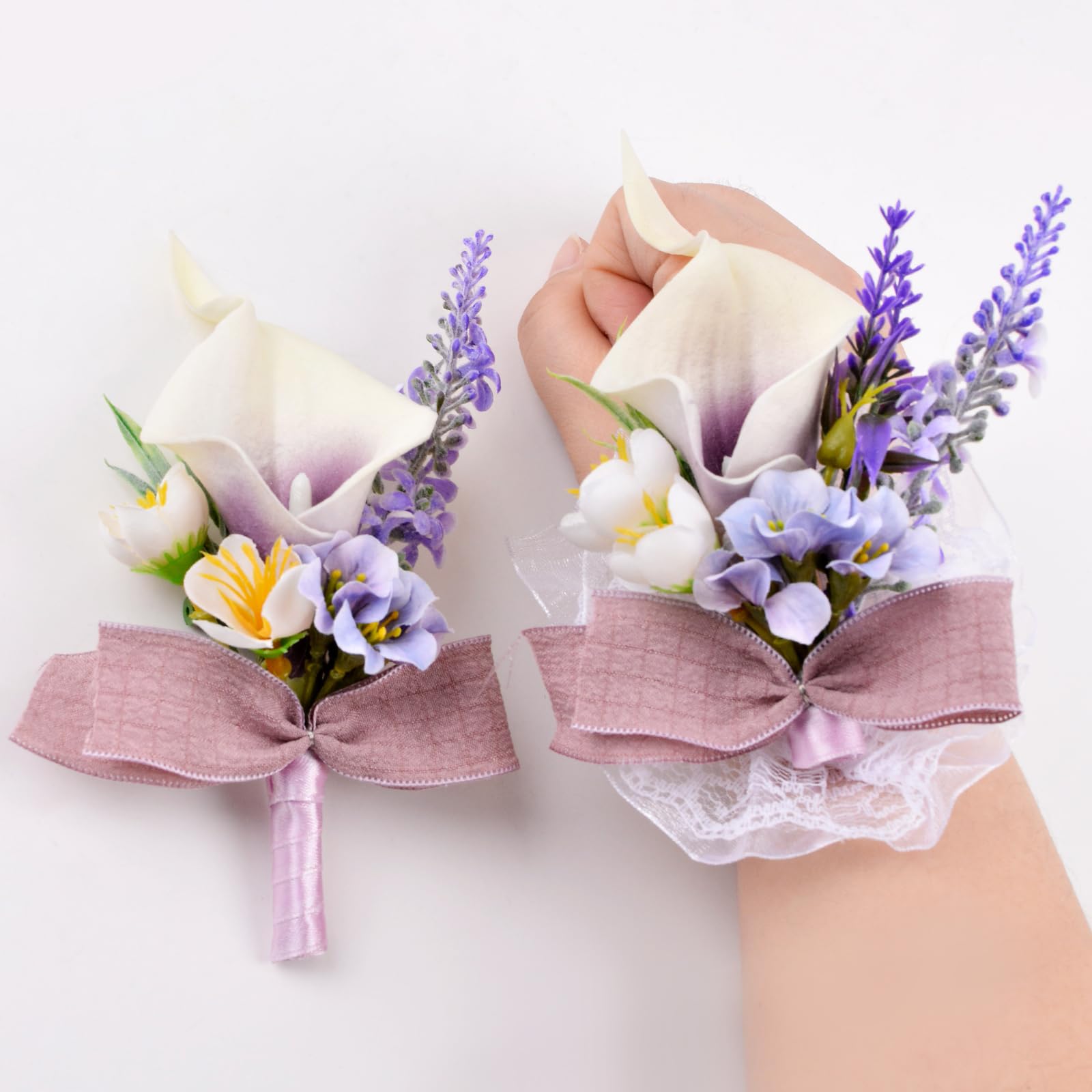 URROMA Conjuntos de Relojes de Corsage y Boutonniere, 1 Juego de Pulseras de Boda Artificiales para Fiestas de Bodas con pequeñas pezuñas de Herradura y Flores de Manos moradas