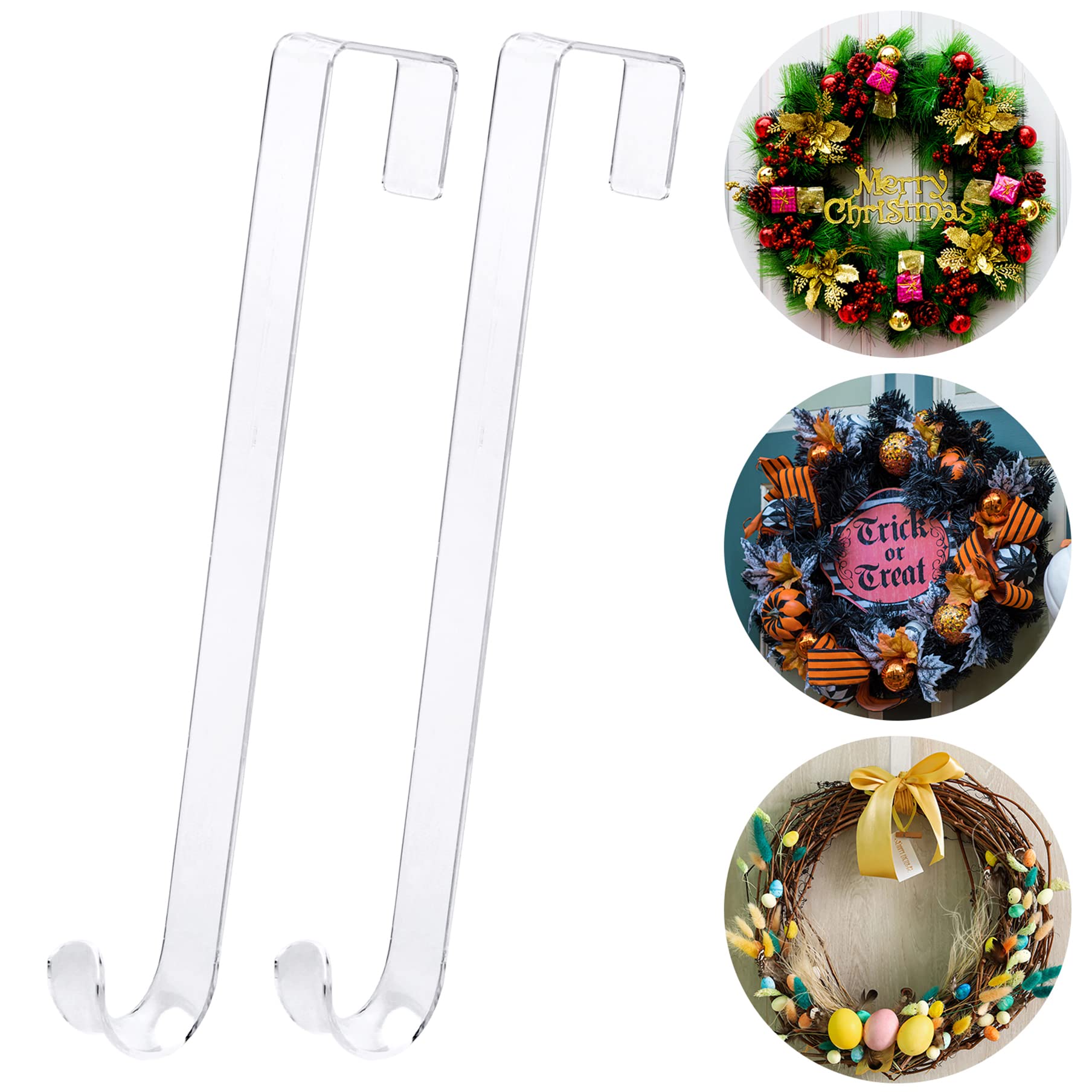 12 in Wreath-Hangers for Front Door,Door-Wreath-Hanger-Clear Over The Door Hooks,2 Pack Non-Scratch-Door-Hanger Hook for Easter Christmas Halloween Fall Wreath Decorations,Welcome Sign for Front Door