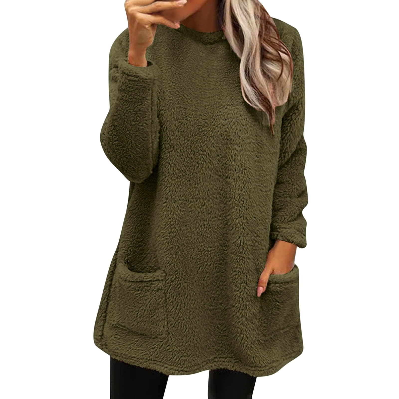 Fall Sweaters for Women 2024 Long Fuzzy Fleece Pullover Trendy Casual Crewneck Sweatshirt Shaggy Coat with Pockets