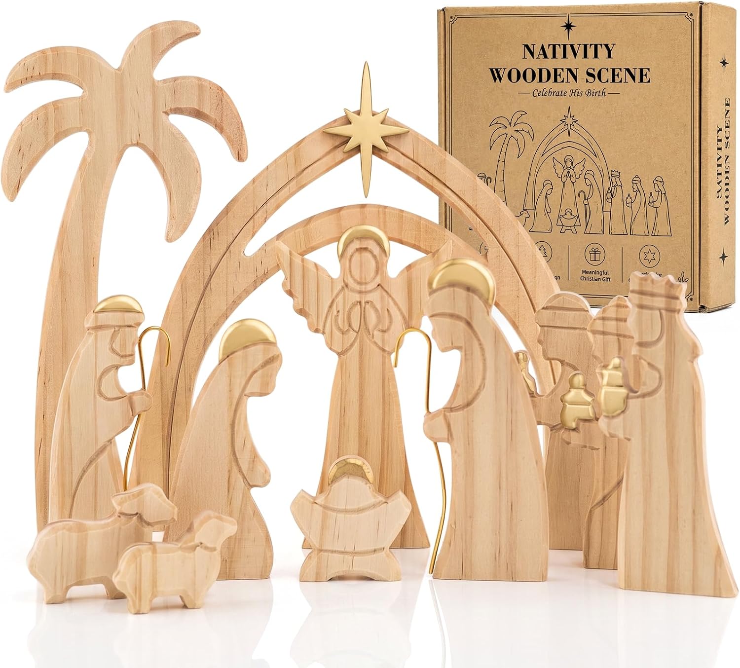 Purefun Wooden Nativity Set - Christmas Nativity Scene with Holy Family Figurines, Natural Wood Manger Scene for Christmas Decor, Indoor Mantel Display and Meaningful Christian