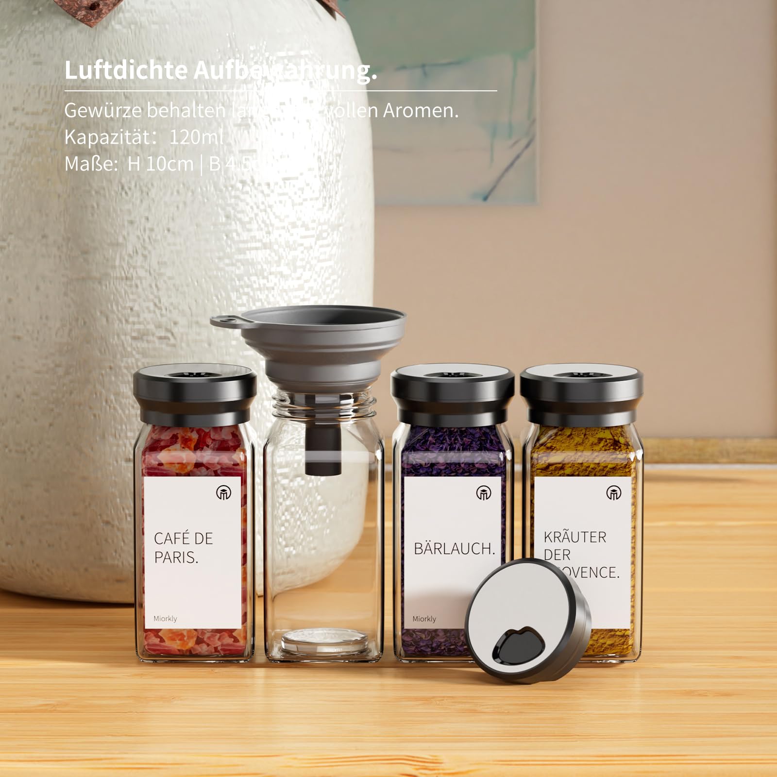 Lot de 24 pots à épices carrés - 120 ml - Avec insert à saupoudrer - Avec couvercle rotatif rond - Joint solide - Organiseur à épices en acier inoxydable avec entonnoir, étiquette et stylo