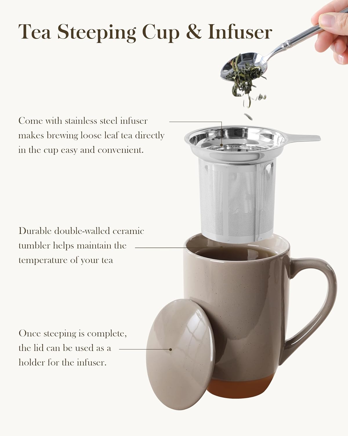 MALACASA Ceramic Tea Mug with Lid and Stainless Steel Infuser, 18 oz Large Tea Cup for Loose Leaf Tea, Heat-Resistant, Microwave & Dishwasher Safe, Speckled Glaze Coffee & Tea Brewer Mug, Khaki Brown - Image 5