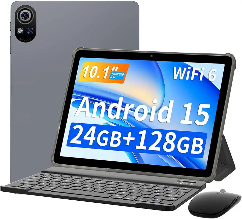 10,1"Tablet com Caso, Caneta,Teclado e Mouse, Android 15 Tablet, 24GB RAM + 128GB ROM, WiFi, Bluetooth, 8000mAh Bateria, Versão atualizada 2025, Cinza