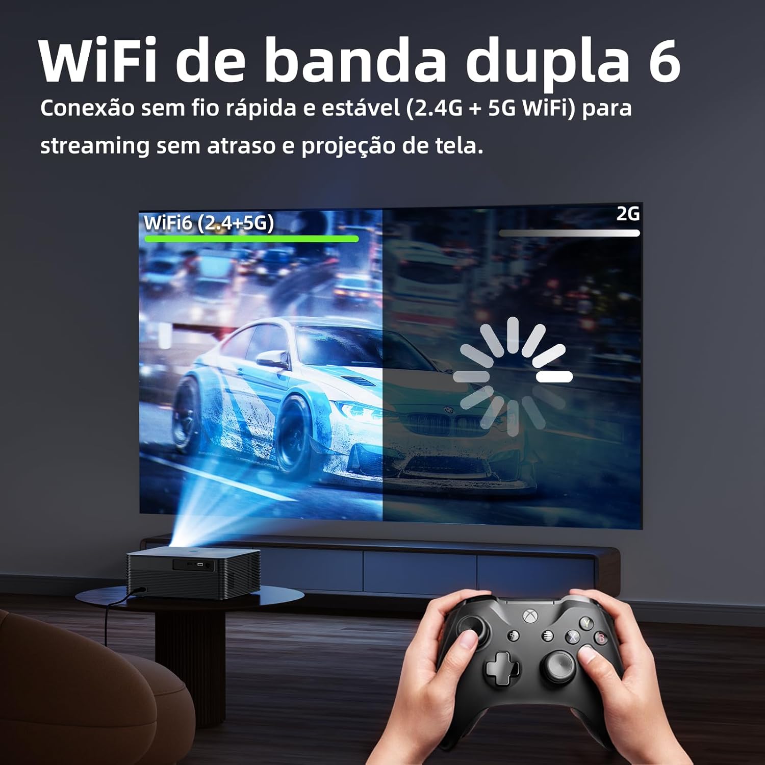 Projector screen showing a car racing game with a WiFi 6 (2.4G+5G) indicator, emphasizing fast and stable connection