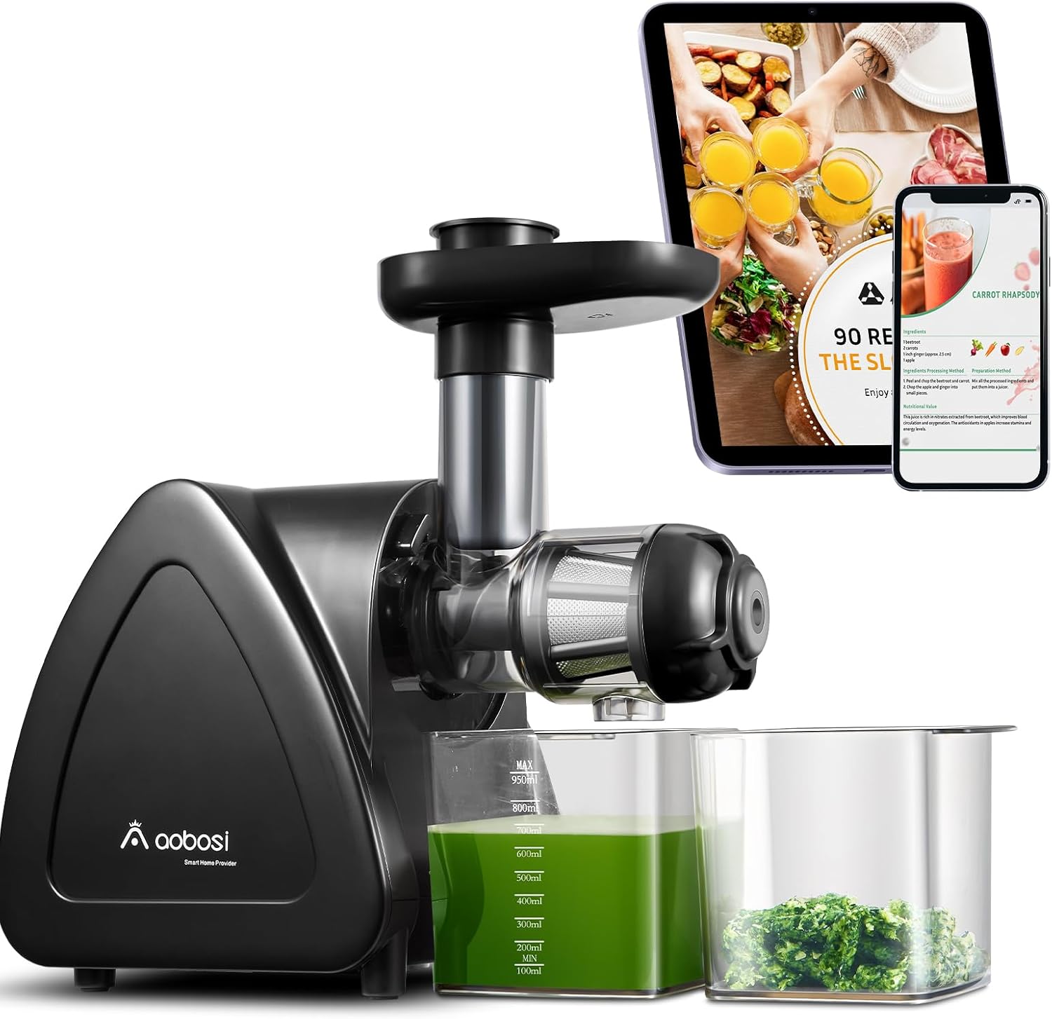 Juicer Machine, Aobosi Slow Masticating Juicer, Cold Press Juicer Machines with Reverse Function, Quiet Motor, High Juice Yield with Juice Jug & Brush for Cleaning (Matte Black)