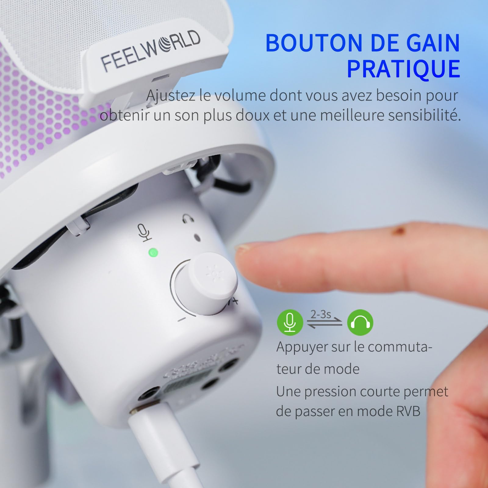FEELWORLD VM1 USB Gaming Microphone Avec Support Cantilever Pour L'enregistrement de Podcasts,Jeux Vidéo,Microphone De Studio Pour PC,Blanc Avec Pointage Cardioïde,Éclairage RGB,Maille Anti-Projection