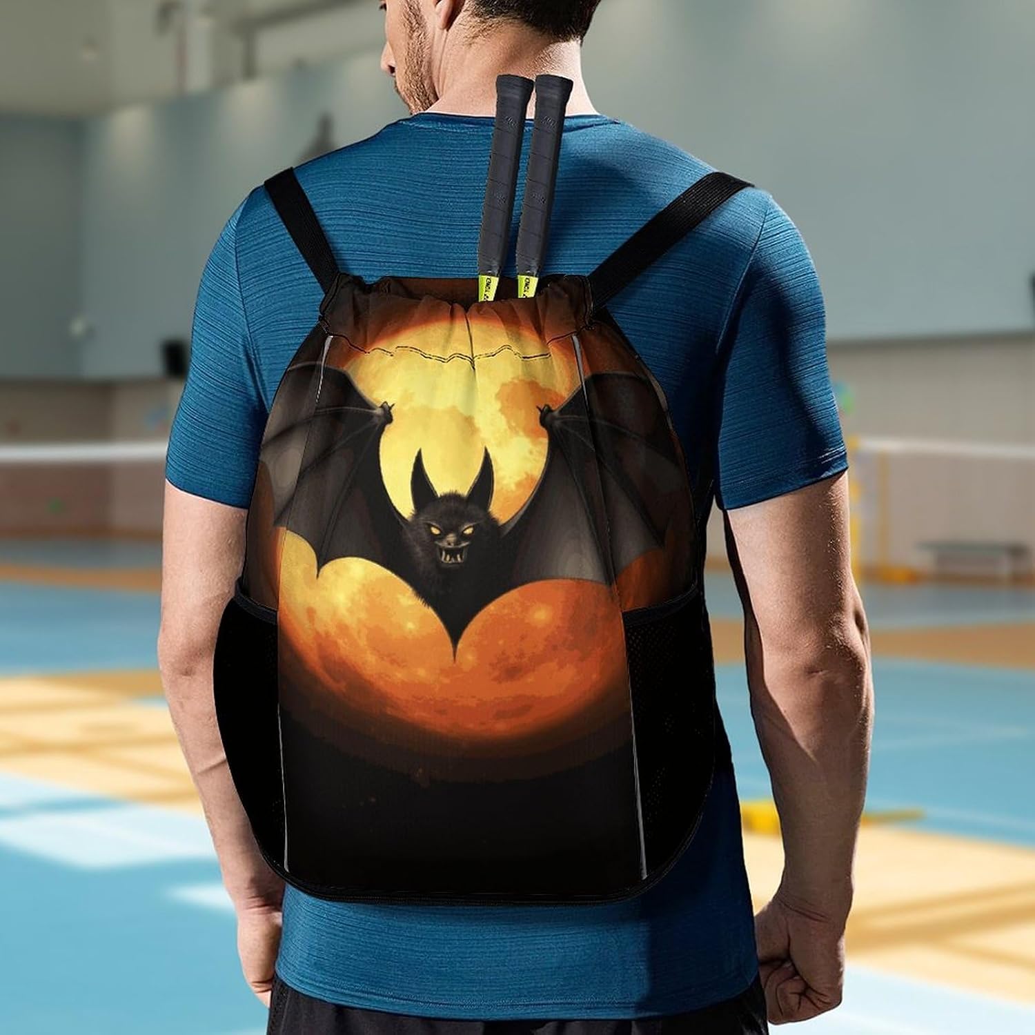 Halloween Bat Drawstring Backpack, Sports Gym Bag with Bottom Pocket And Mesh Pockets, String Bag for Men Women