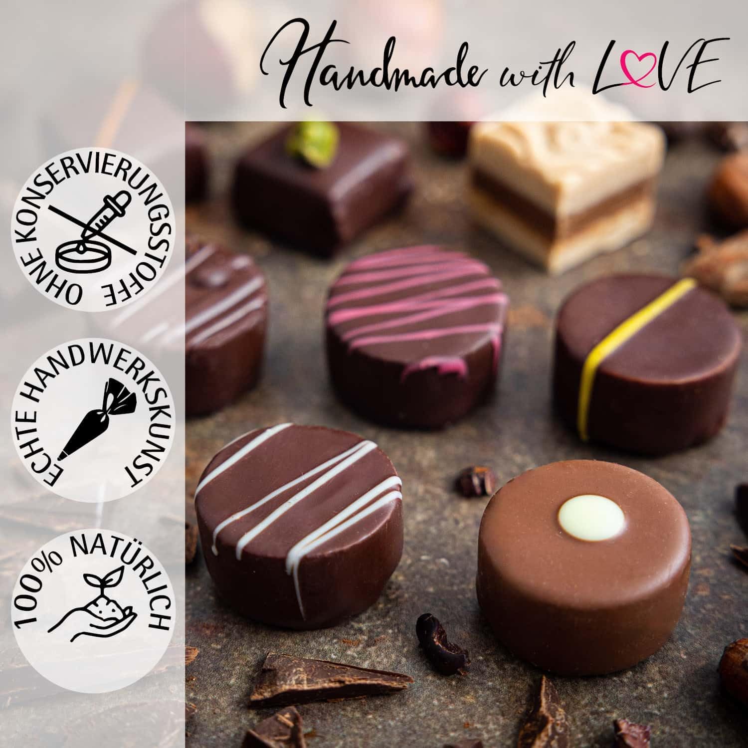 Hallingers Genuss Manufaktur Pralinen Glückwunsch-Geschenk - ohne Alkohol, handmade aus Confiserie-Edelkakao in wertiger XXL-Geschenkbox "Herzlich Willko...", Geschenkidee für Frauen Männer