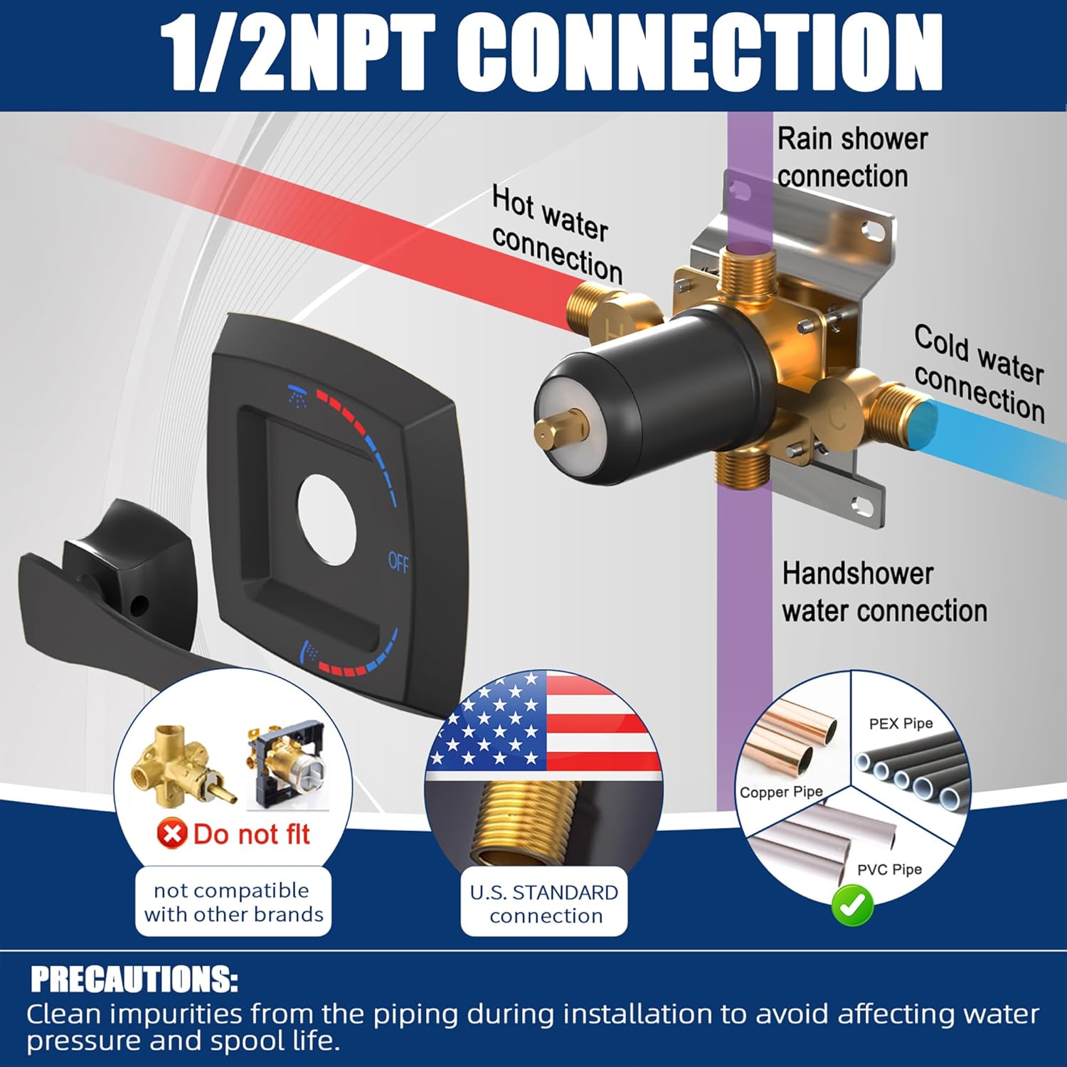 2 Way Shower Diverter Pressure Balance Mixing Valve with Single Handle Matte Black Shower Trim Kit, Dual-Function Shower Control Brass Rough-In Mixer 1/2" NPT Connection