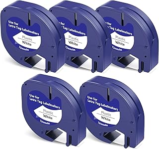 5X Compatible Dymo LetraTag Refills for Dymo Letratag Tape White Plastic 12mm x 4m 91201 S0721610, Black on White LetraTag Labels Work for Dymo Label Maker LT-100H LT-100T LT-110T XR 200B 2000 QX50