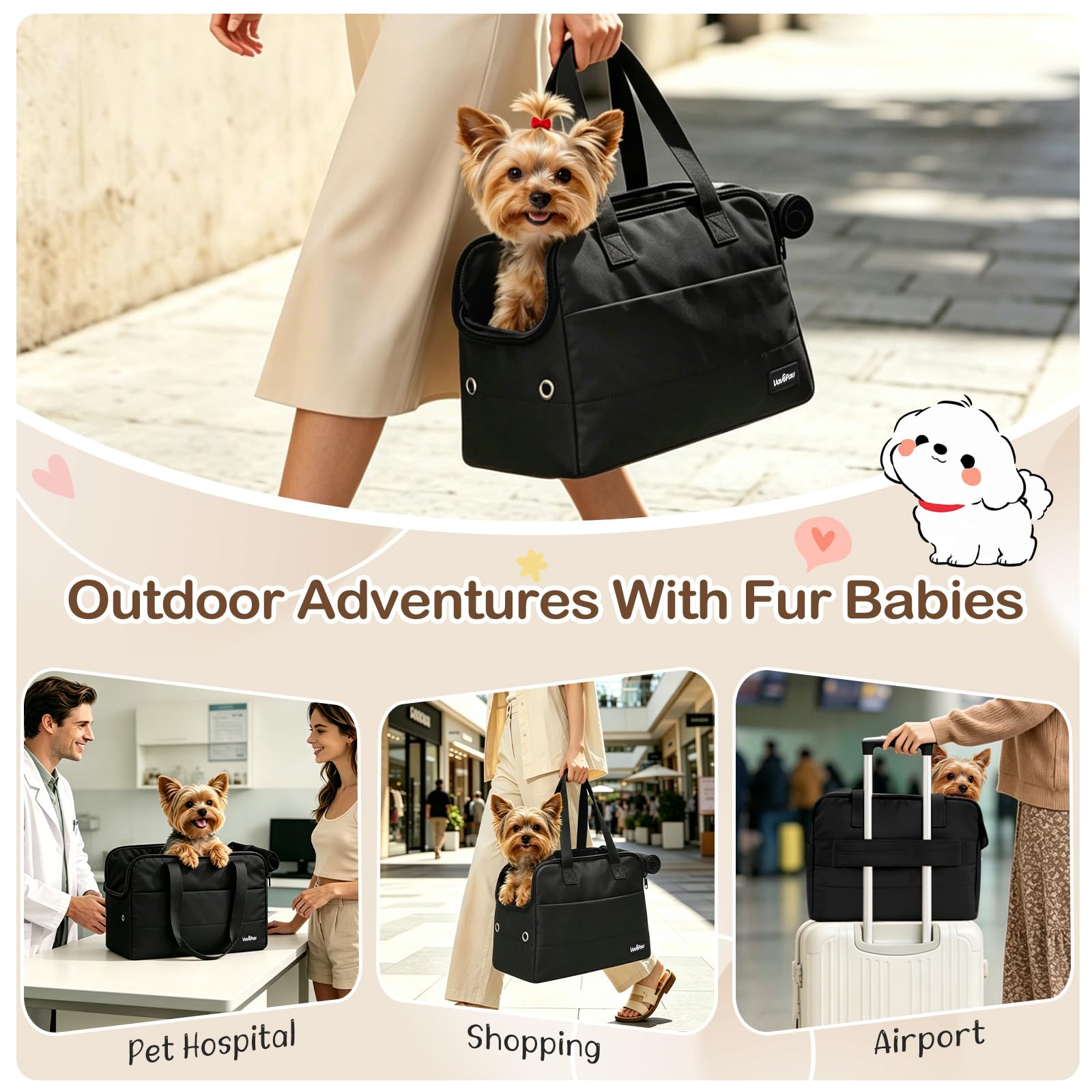 Bolso Transportín para Perros Pequeños, 15" X 11" X 7,9" Transportín De Viaje para Mascotas con Almohadilla De Apoyo, Ganchos De Seguridad, Múltiples Bolsillos, Transportín Blando para Gatos, Negro