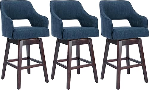 Vista 37 de Kmax Taburete de bar de tela con altura de mostrador, taburete giratorio de bar con patas de madera, reposapiés trasero abierto para isla de cocina