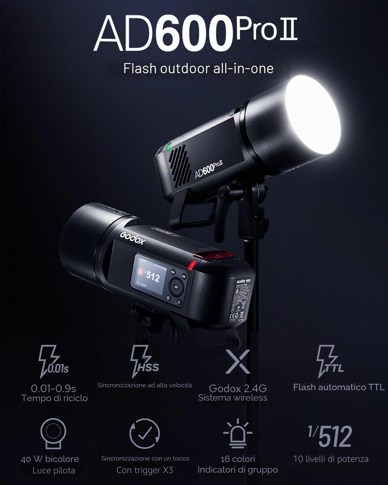 Godox AD600ProII - Flash da studio monocromatico, 600 WS, 2,4 G, TTL 1/8000s HSS per esterni, GN87 40 W bicolore 2800 K-6000 K, tempo di riciclaggio 0,01 s ~ 0,9 s, batteria al litio da 2600 mAh