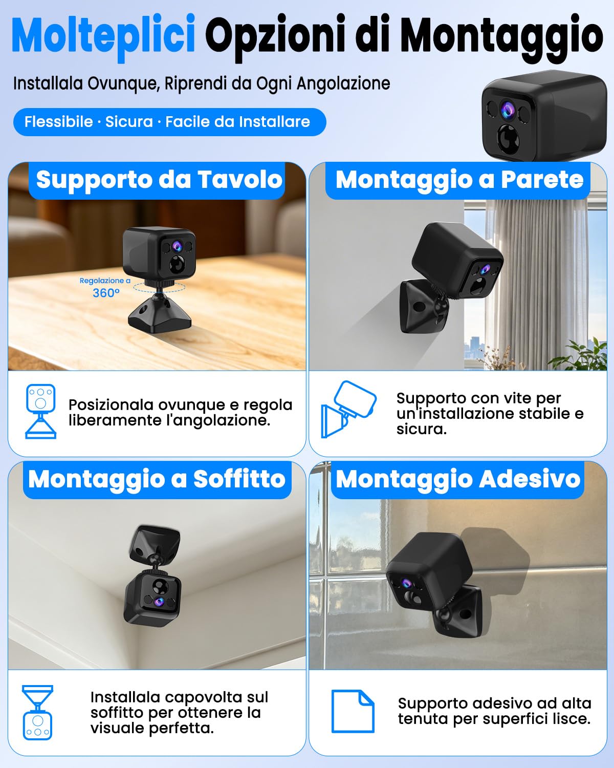Mini Telecamera Spia ,4K Telecamera Videosorveglianza, WiFi o Modalità AP | Bassa Potenza, 160 Giorni di Standby, Visione Notturna Telecamera Senza Wifi per Interna/esterns/Casa, Nero