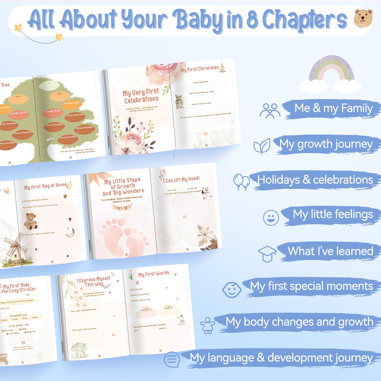 Baby Memory Book for Boys, Boho Design, 84-Page Hardcover Keepsake Journal for First Year Milestone & Photo Album - Image 3