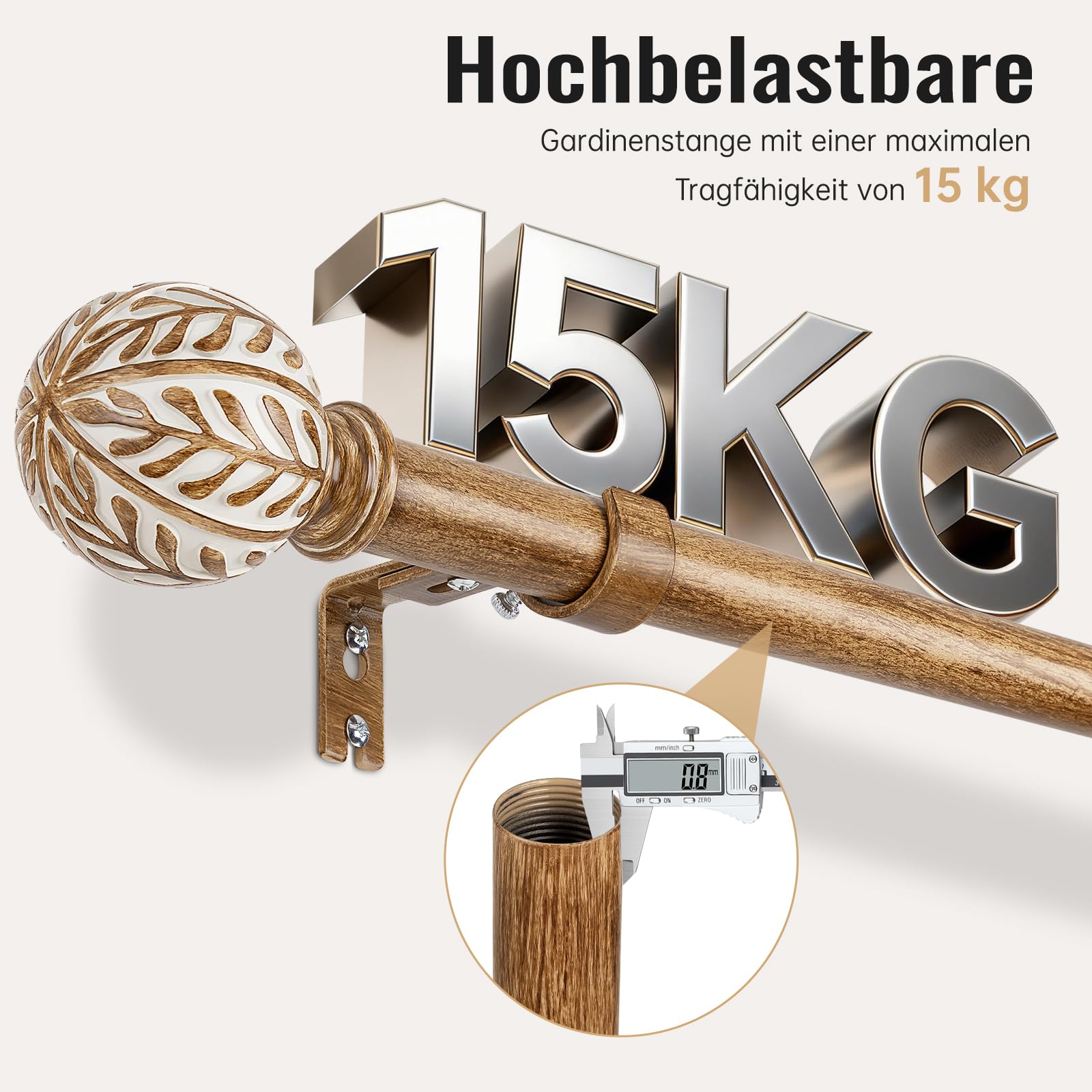 Barra de Cortina Extensible 76-219 cm | Tubo de Metal Ø 25 mm con Acabado en Madera y Motivo de Hoja | Montaje en Pared o Techo | Para Salón y Dormitorio, Marrón Café