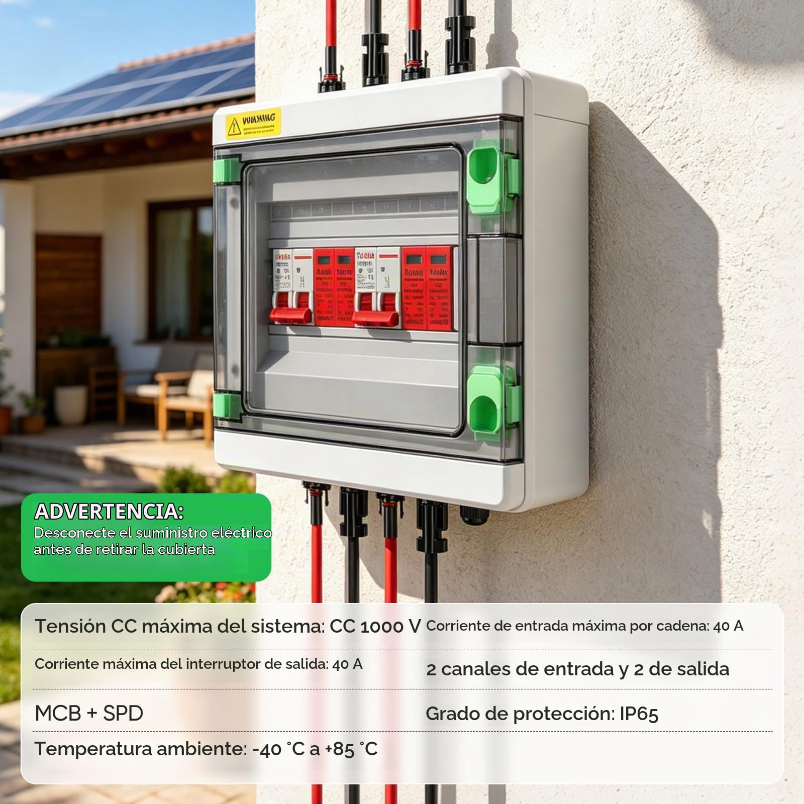 Caja Distribución, Solar Fotovoltaica 1000V 40A 2 en 2 Salida 2 String PV DC Interruptor Aislamiento Caja Combinadora Solar Distribución IP65 Impermeable para Sistemas Solares Fotovoltaico