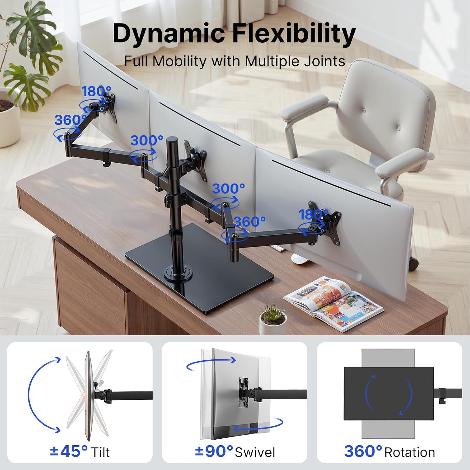 HUANUO Free Standing Triple Monitor Mount for 13-27 Inch Screens | Larger Tempered-Glass Base, Heavy Duty Thicker Steel, Tilt, Swivel, Rotation, Holds up to 22 lbs, VESA 75x75/ 100x100mm