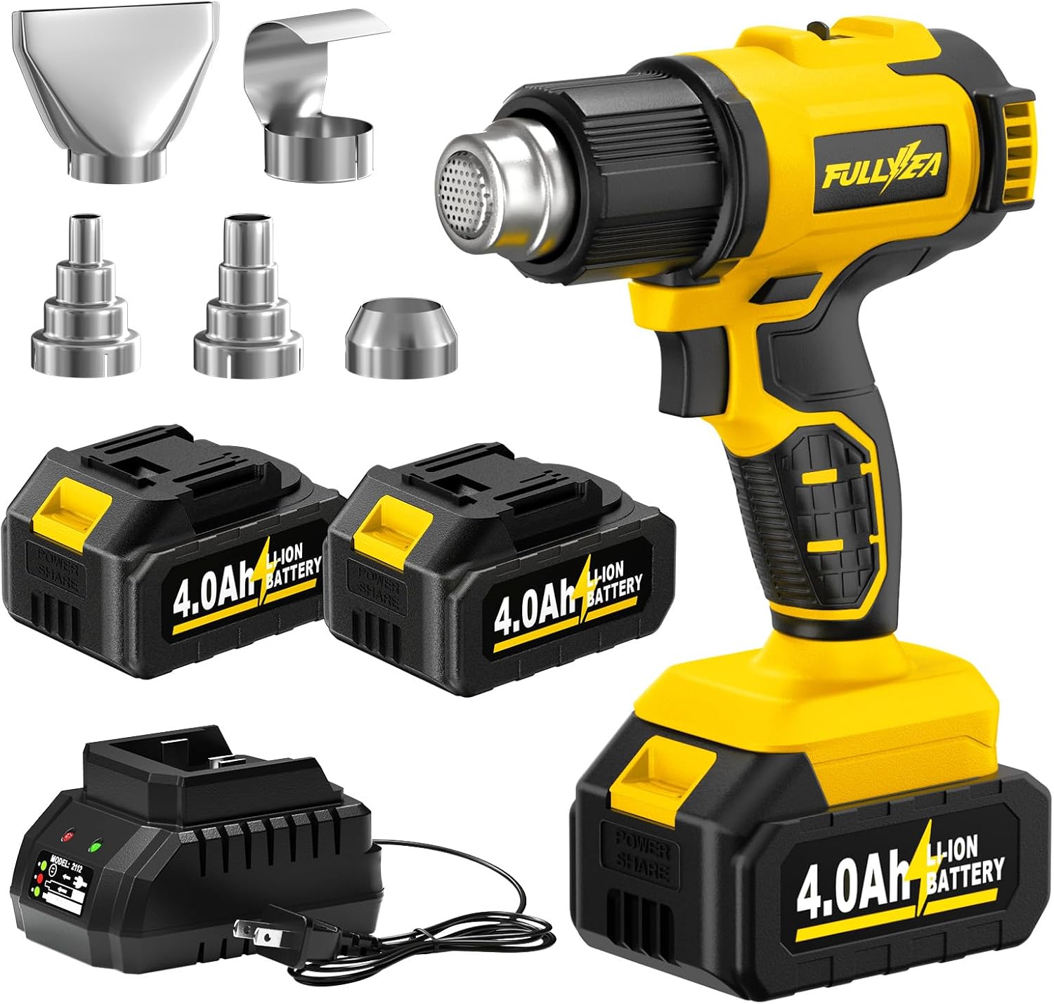FULLYEA Heat Gun Cordless, 550℃ Fast Heating Gun, 2-Temperature Setting, Portable Hot Air Guns with 2 * 4.0Ah Batteries & 5 Nozzles, Handheld Small Heat Gun Kit for Shrink Tubing, Crafting (Yellow)