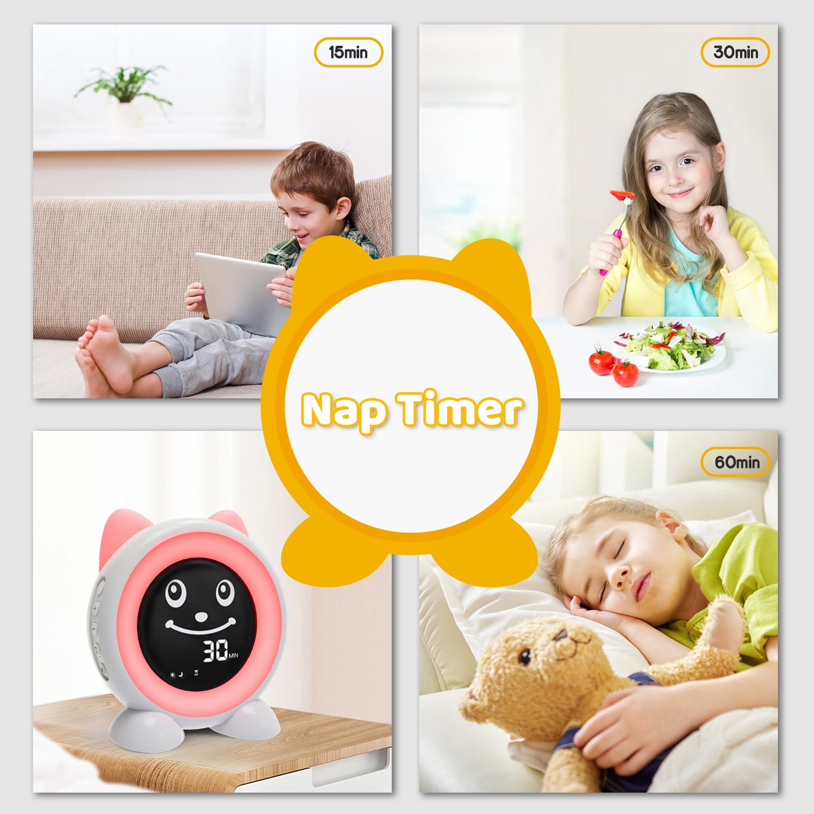 I·CODE Sveglia per bambini, con luce notturna, timer per pisolini, snooze per bambini più piccoli, ragazzi e ragazze (versione a batteria)
