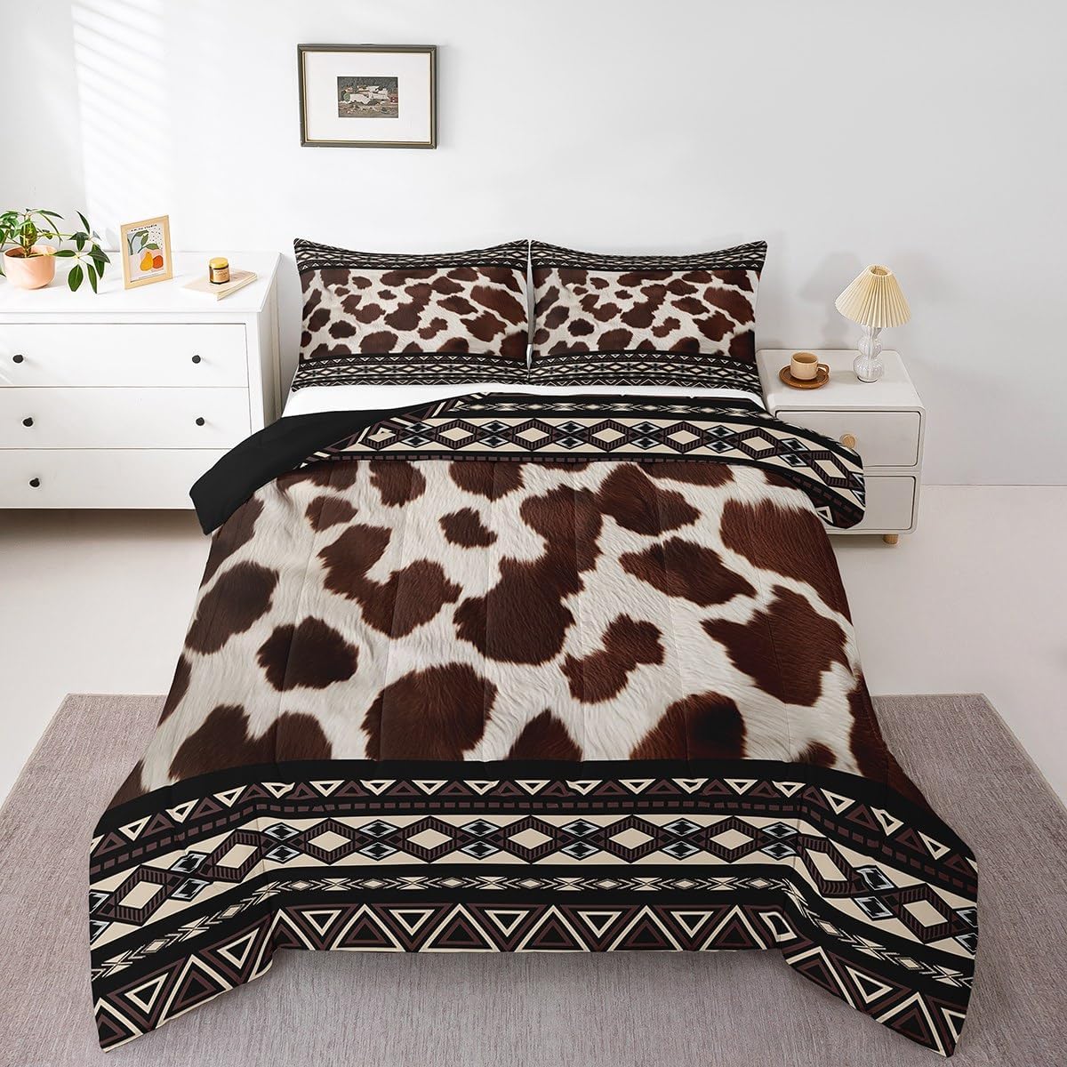 Erosebridal Cow Print Comforter Set,Rustic Cowhide Toddler Bedding Set for Kids Boys Girls,Western Aztec Down Comforter,Cabin Lodge Reversible Bed Set with 1 Pillowcase Lightweight