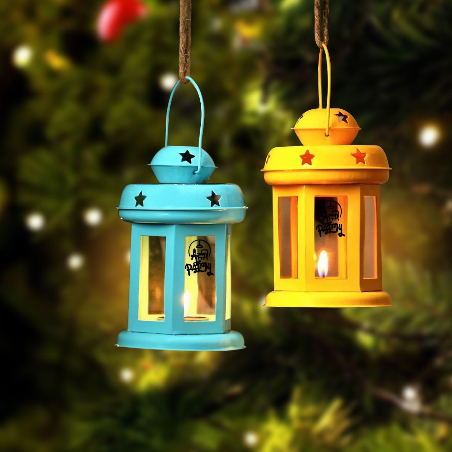 PALMY Set of 2 Hanging Lantern Tealight Candle Holder for Dining Table Home Decorations - Christmas Decorations Items for Home Decor and Xmas Gifts (Yellow and Blue)