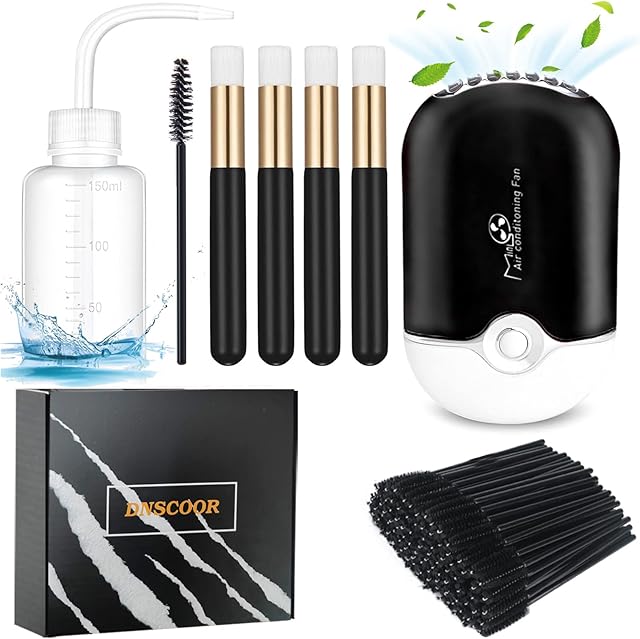 56 PCS Mini Portable Fans USB Rechargeable Handheld Bladeless Air Conditioning Cooling Refrigeration Fan,Lash Shampoo Brushes,Plastic Wash Squeeze Bottle,Disposable Eyelash Mascara Brushes (black)