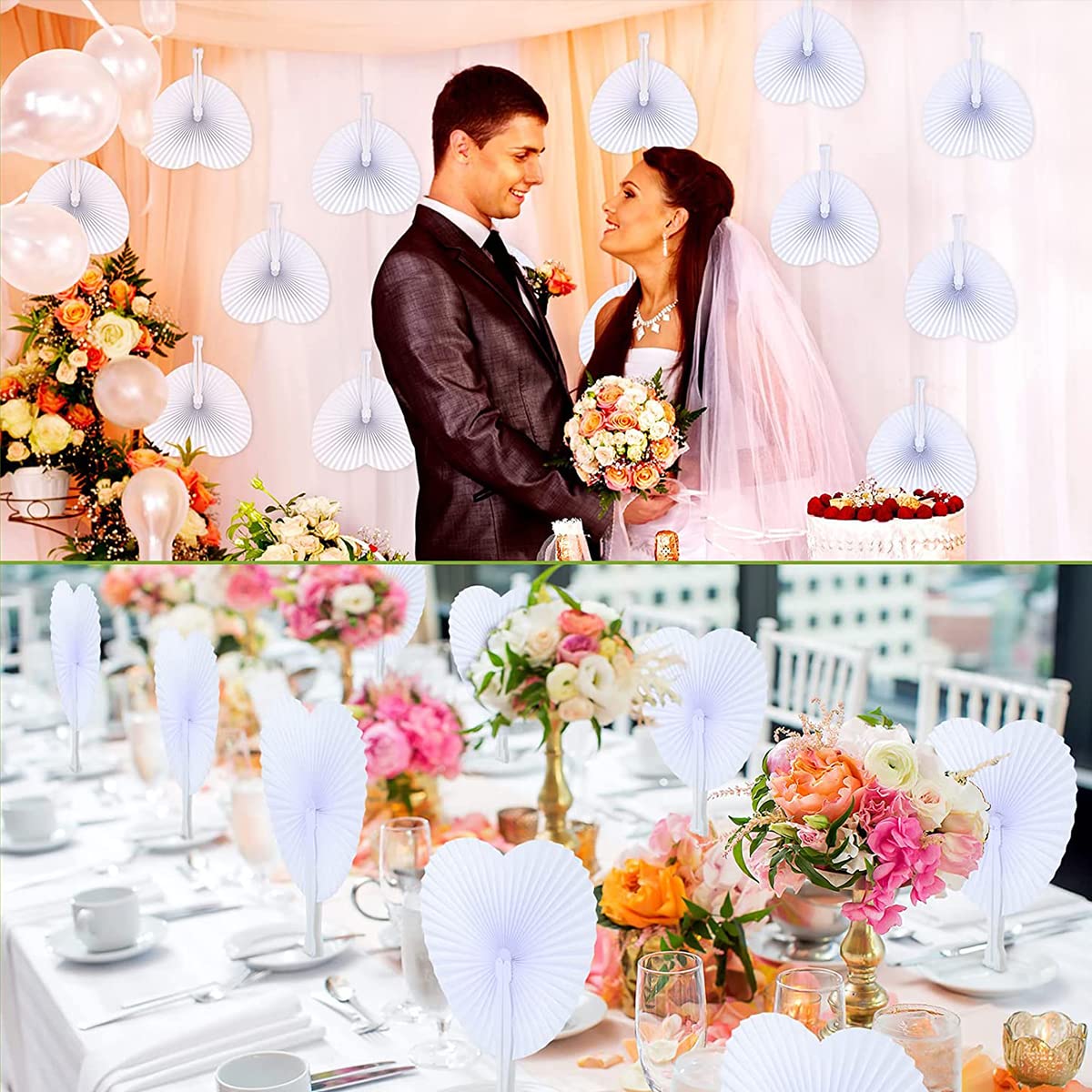 Gudotra - Lot de 60 éventails de mariage, en papier, blancs, en forme de cœur pour wedding bag et décoration de mariage