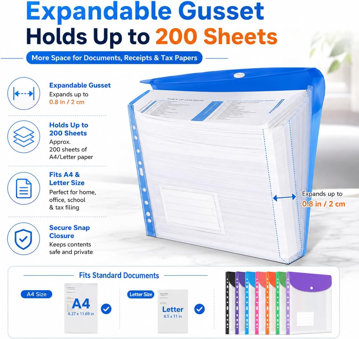 11 Hole Expanding File Pockets, Horizontal & Vertical Plastic Envelopes, Thick Reusable Binder Folders with Snap Closure & Labels (6* Landscape + 6* Portrait)