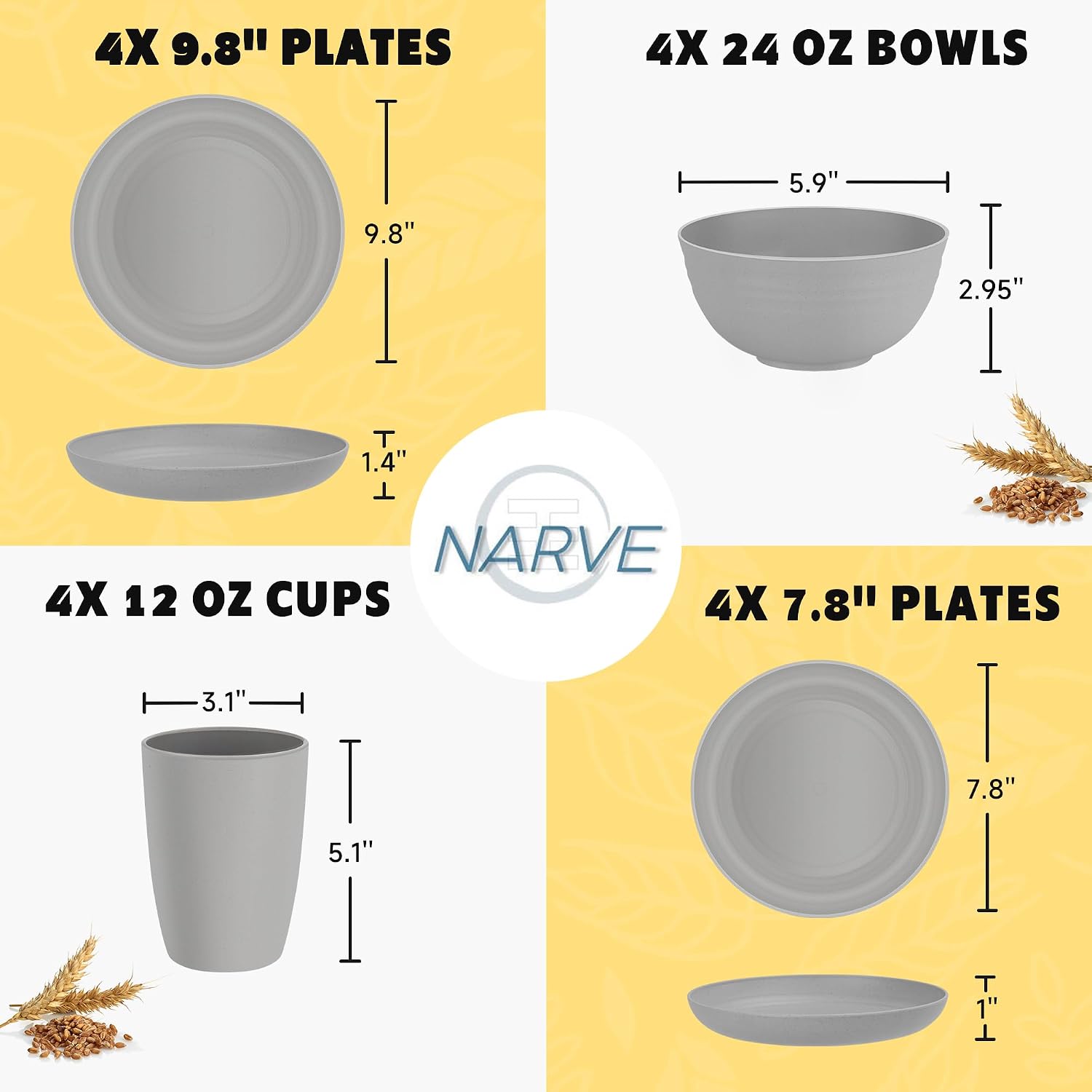 NARVE 16 Piece Wheat Straw Dinnerware Sets | Unbreakable, Microwave Safe, Dishwasher Safe | Lightweight Dinnerware Set | Reusable, Dorm Room Essentials, Dishes Set For 4 | Dishes | Dish Set, Grey