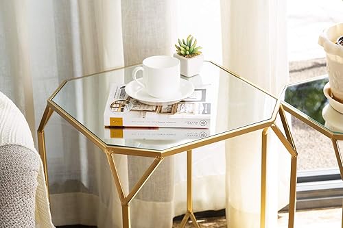 Miniatura 23 de Glitzhome Mesas auxiliares anidables, juego de 2 mesas auxiliares con marco de metal y parte superior de vidrio templado, mesas auxiliares X-piernas