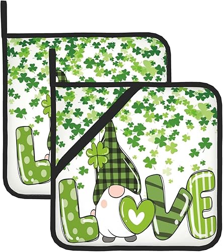 Juego de 2 soportes para ollas de gnomo del día de San Patricio, tréboles verdes de trébol, decoración de cocina, resistentes al calor, forro de