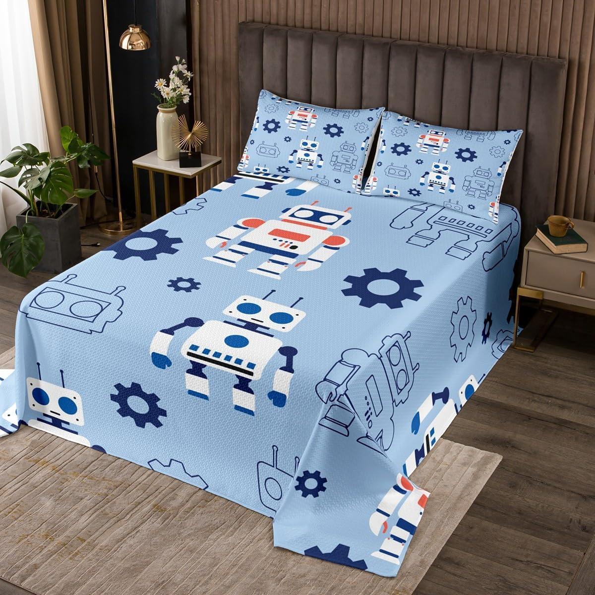 Homewish Cartoon Robot Bedspread King Size,Colorful Future Robot Quilt for Kids Boys Girls Room Decor,Intelligent Machine Blue Bedding Set 3Pcs,Science Fiction Style Robot Coverlet Set,2 Pillowcases