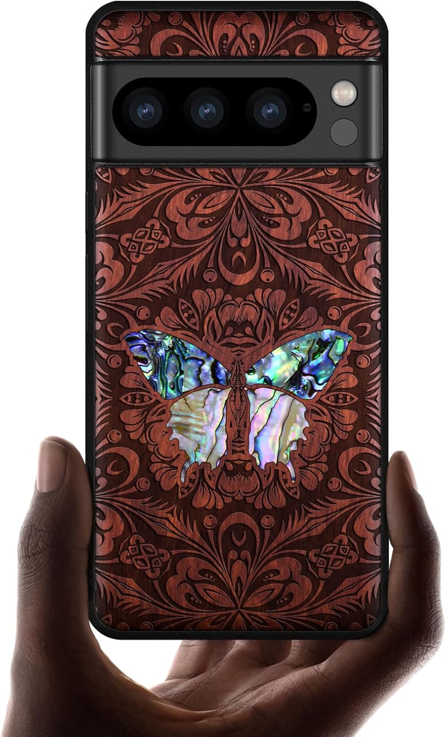 Carveit Designer Wooden Case for Google Pixel 8 Pro Case Cover [Wood Engraving & Shell Inlay] Compatible with Wireless Chargers Pixel 8 Pro (Baroque Butterfly-Rosy)