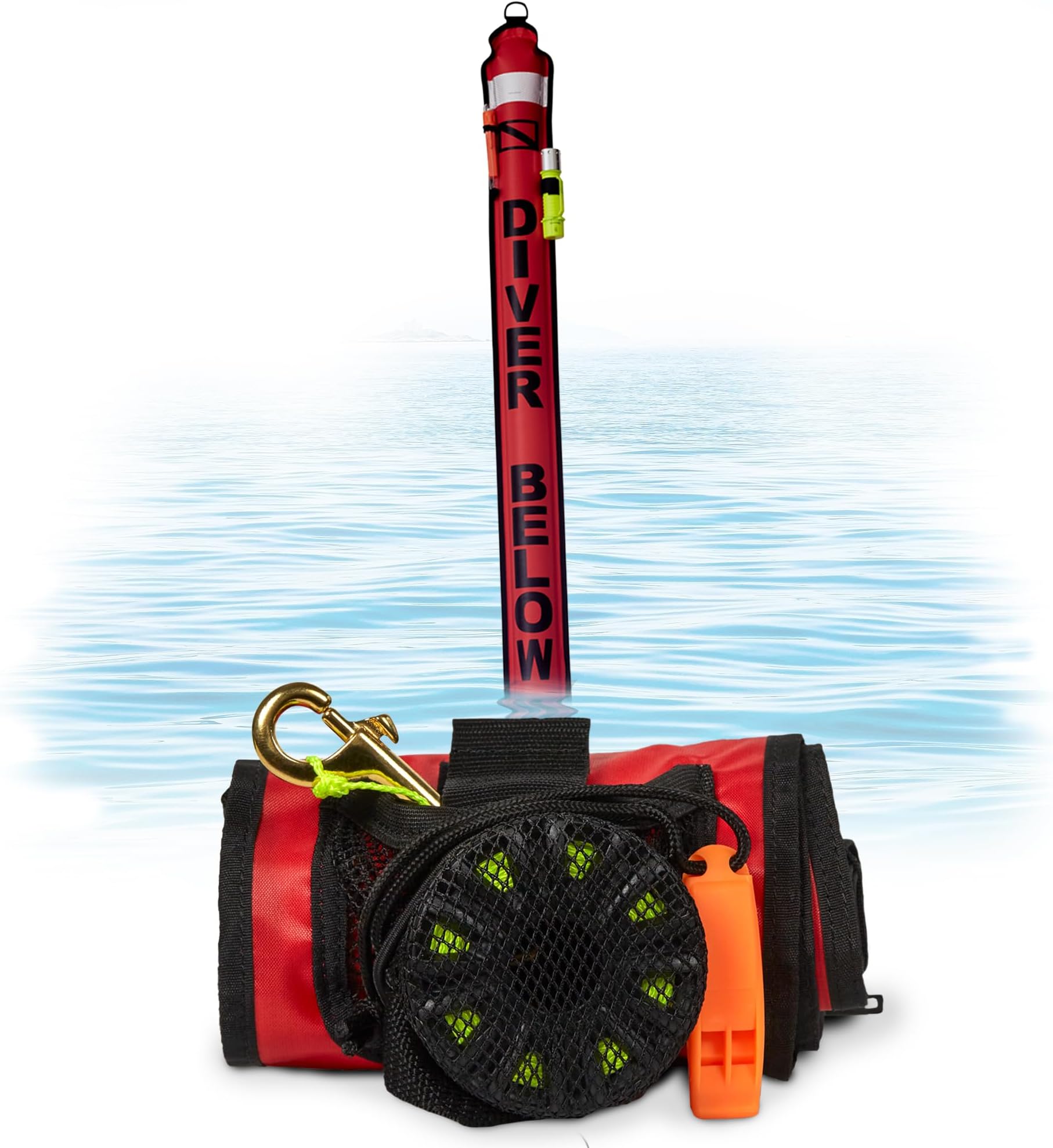 DiveSafe Delayed Surface Marker Buoy – 7ft Closed Bottom with High Visibility Reflective Band, Strobe Light and Flashlight Holder, 100ft ABS Finger Reel and Whistle