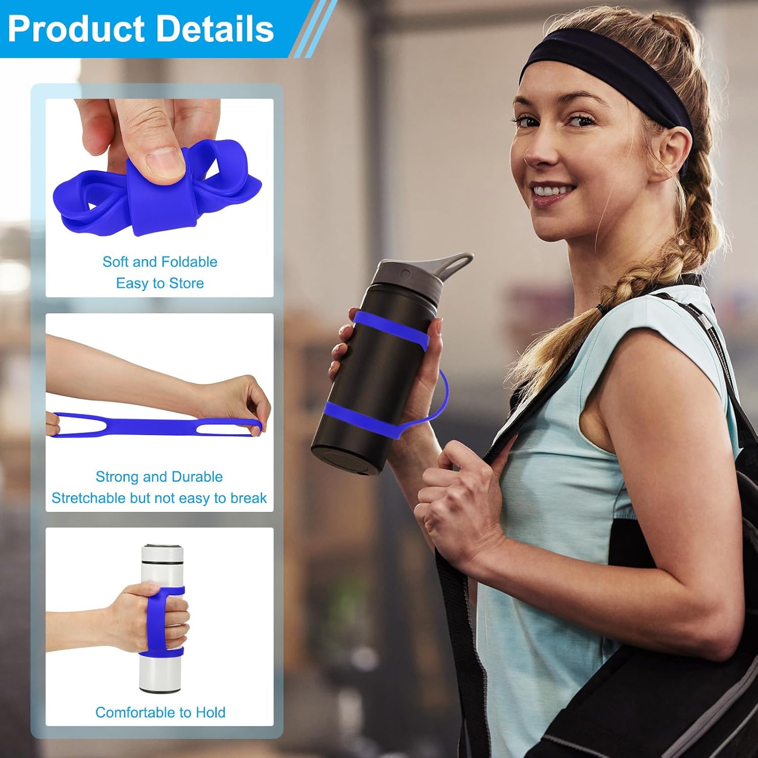 Water Bottle Carrier Grip, 2 Pcs Portable Soft Silicone Non-Slip Water Handle Grip Water Bottle Holder Strap for Outdoor Running Bike Gym Jogging Carrying, Blue
