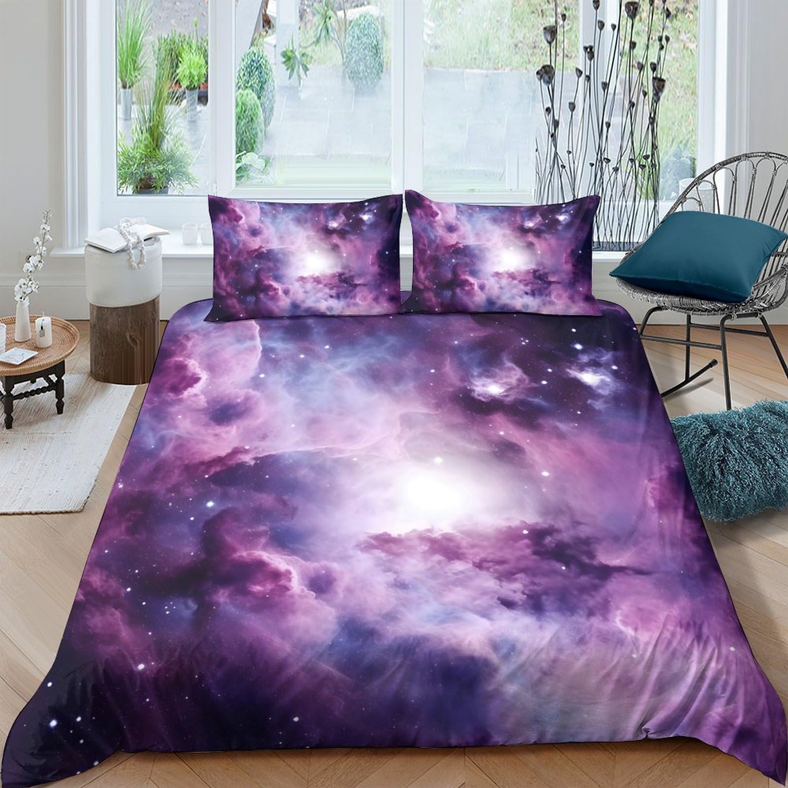 GPLZQXKJNH 3D Printed Galaxy Starry Sky Duvet Cover Set Microfiber Purple Cosmic Nebula Bedding with 2 Pillowcases for Bedroom Single（135x200cm）