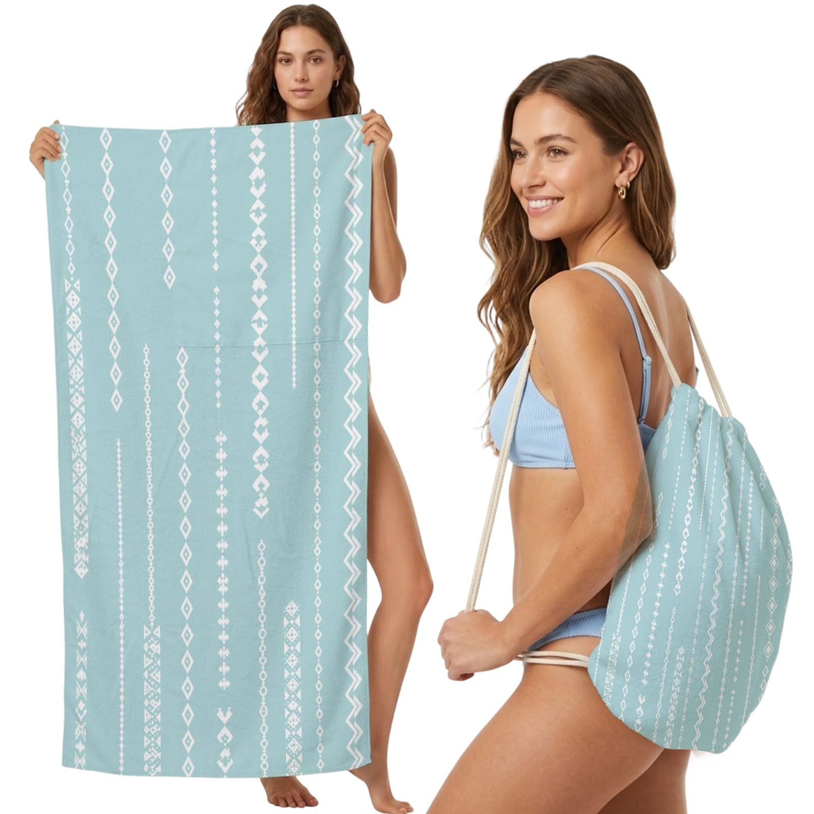 Beach Towel Bag 2 in 1 Teal Blue Stripes Bath Pool Towels Backpack Bohemian Diamond Striped Absorbent Beach Towel Soft Quick Dry Lightweight Packable Towels Drawstring Bag for Travel Sports Yoga