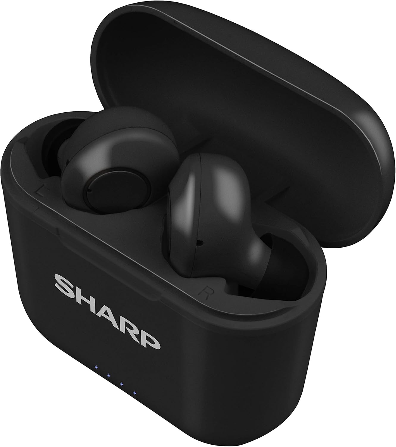 Sharp HP-TW30 True Wireless Earphones in their open charging case