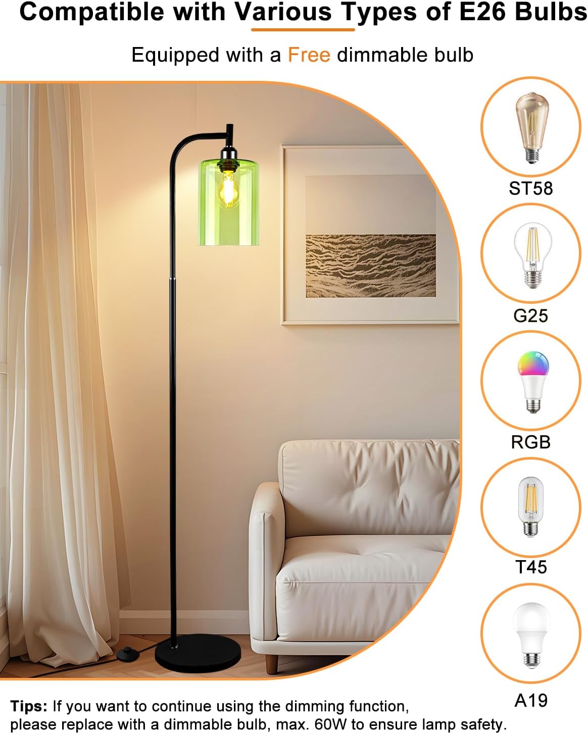 Lightdot 64IN Glass Floor Lamp for Living Room, Modern Standing Lamps with Green Ribbed Glass Lampshade& Bulb Included, Industrial Floor Lamp for Bedroom/Sofa Beside/Corner Decor-Black