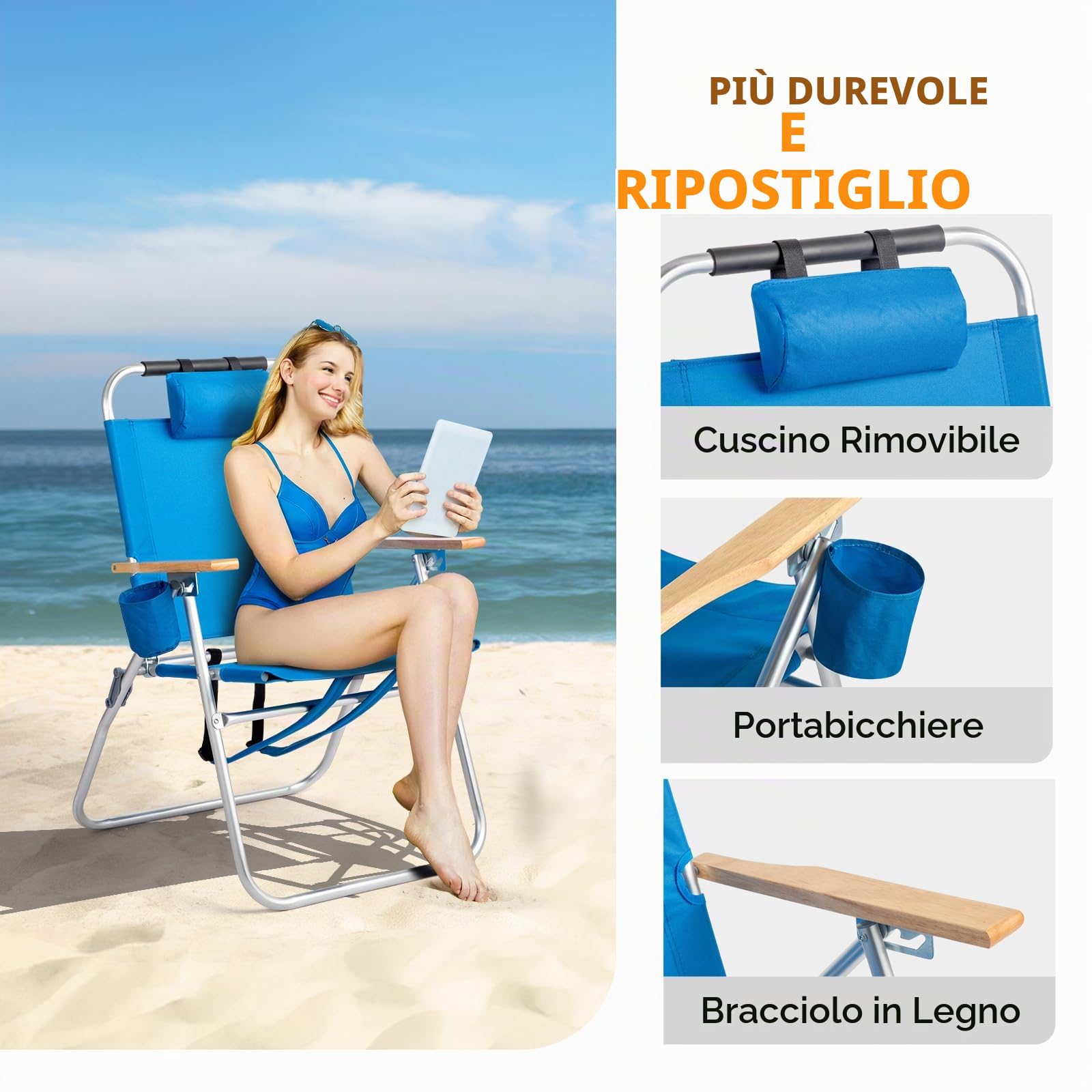 VINGLI Spiaggina Pieghevole e Portatile in Tessuto Oxford 3kg, Sedia Mare Regolabile in 3 Posizioni con Tracolla, Cuscino e Braccioli, Sdraio da Giardino, Balcone e Spiaggia, Blu