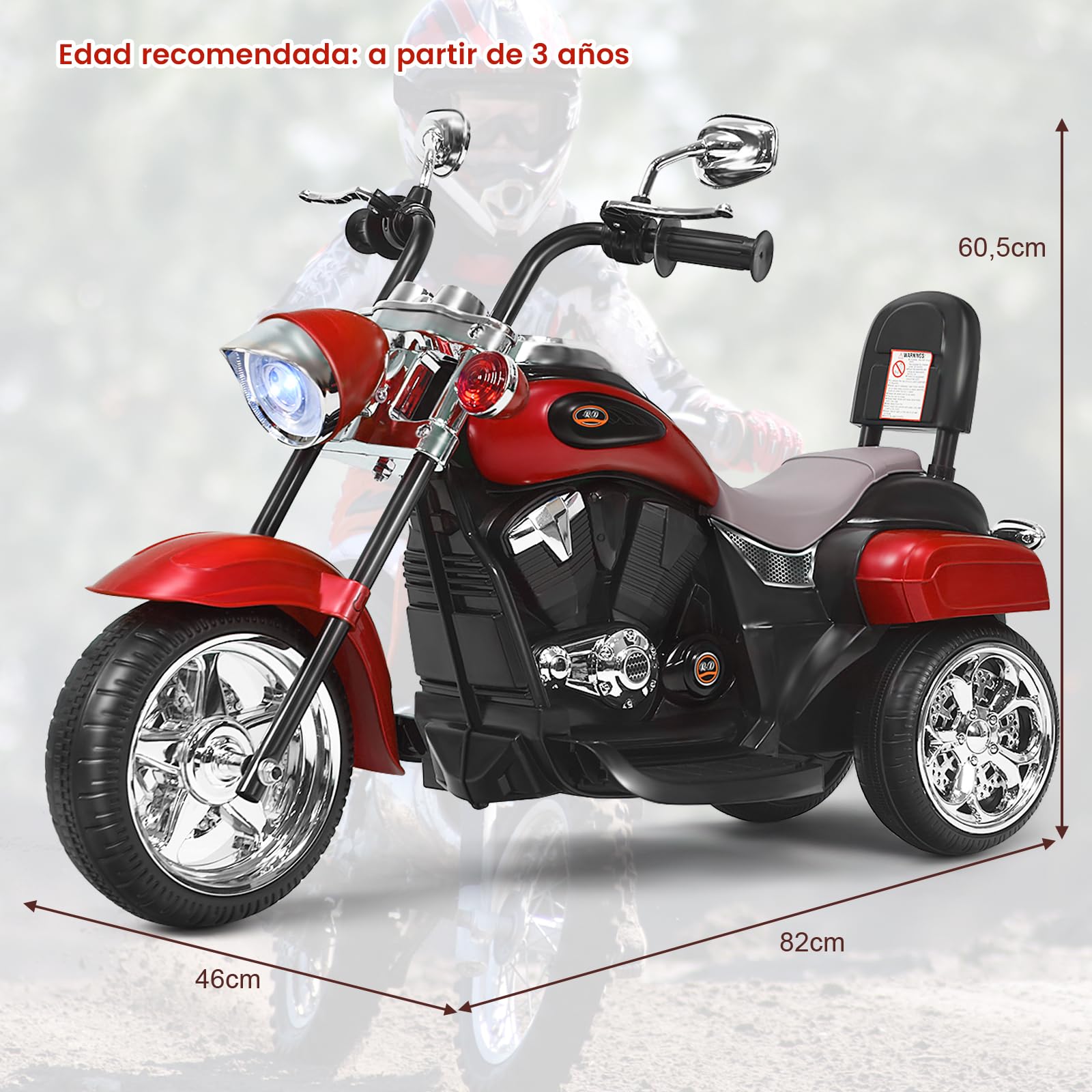 RELAX4LIFE Moto Eléctrica Niños 6V con 3 Ruedas Antideslizantes, Sonidos, Faro, Pedal y Marcha Adelante y Atrás, Moto Electrica Infantil, Coche Eléctrico para Niños de 3+ Años, Carga 30kg (Rojo)