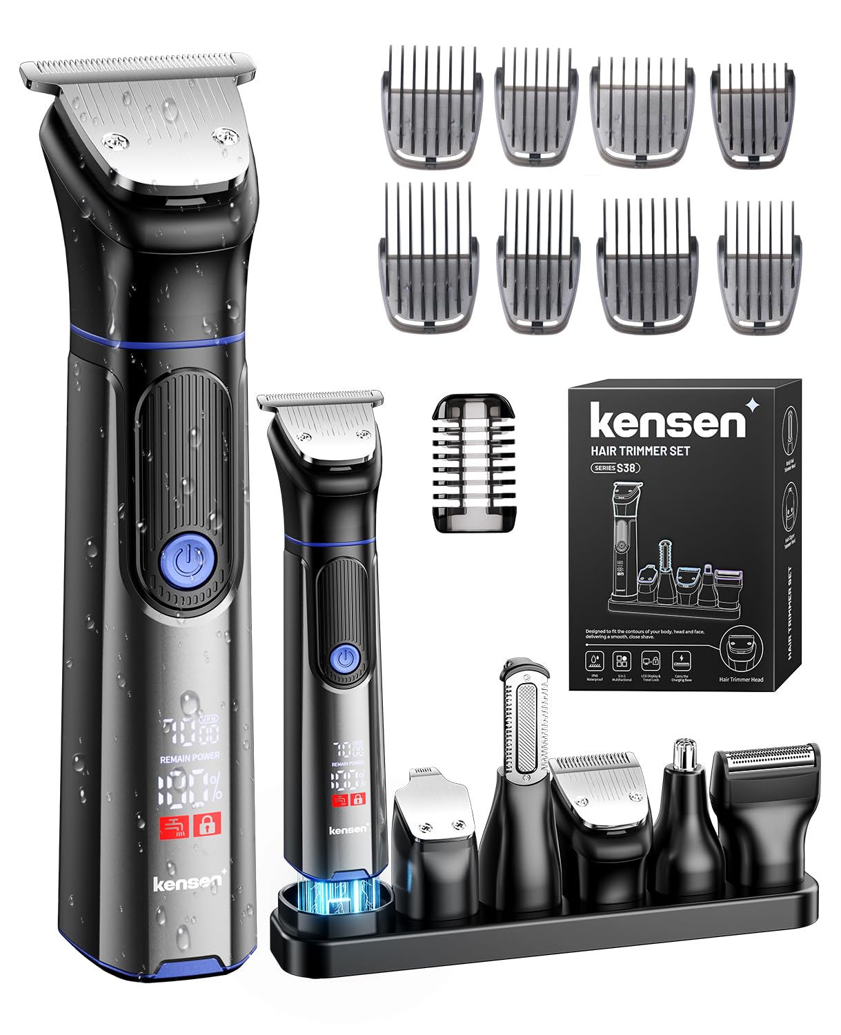 Kensen Rasoio Elettrico Corpo Uomo All-in-one Multigroom Autonomia 120 Min | 2 velocità Wet & Dry 18 in 1 Regolabarba Macchinetta Barba Uomo con Testine intercambiabili per corpo barba e capelli, 3-15mm