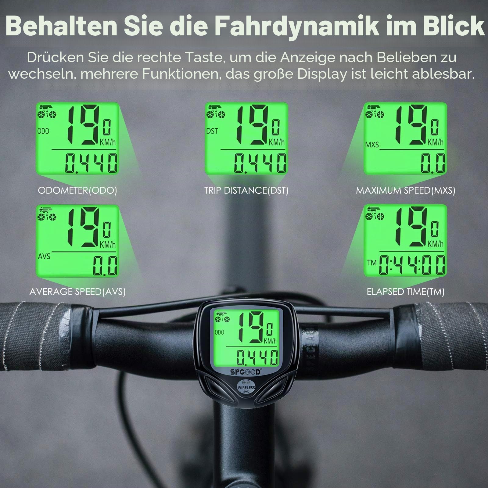 SPGOOD Fahrradcomputer Kabellos IP54 wasserdichte 16 Funktionen fahrradcomputer Wireless Bike Wireless Computer LCD Geschwindigkeit Fahrradtacho drahtlos Radcomputer Tacho Schwarz Sport & Freizeit
