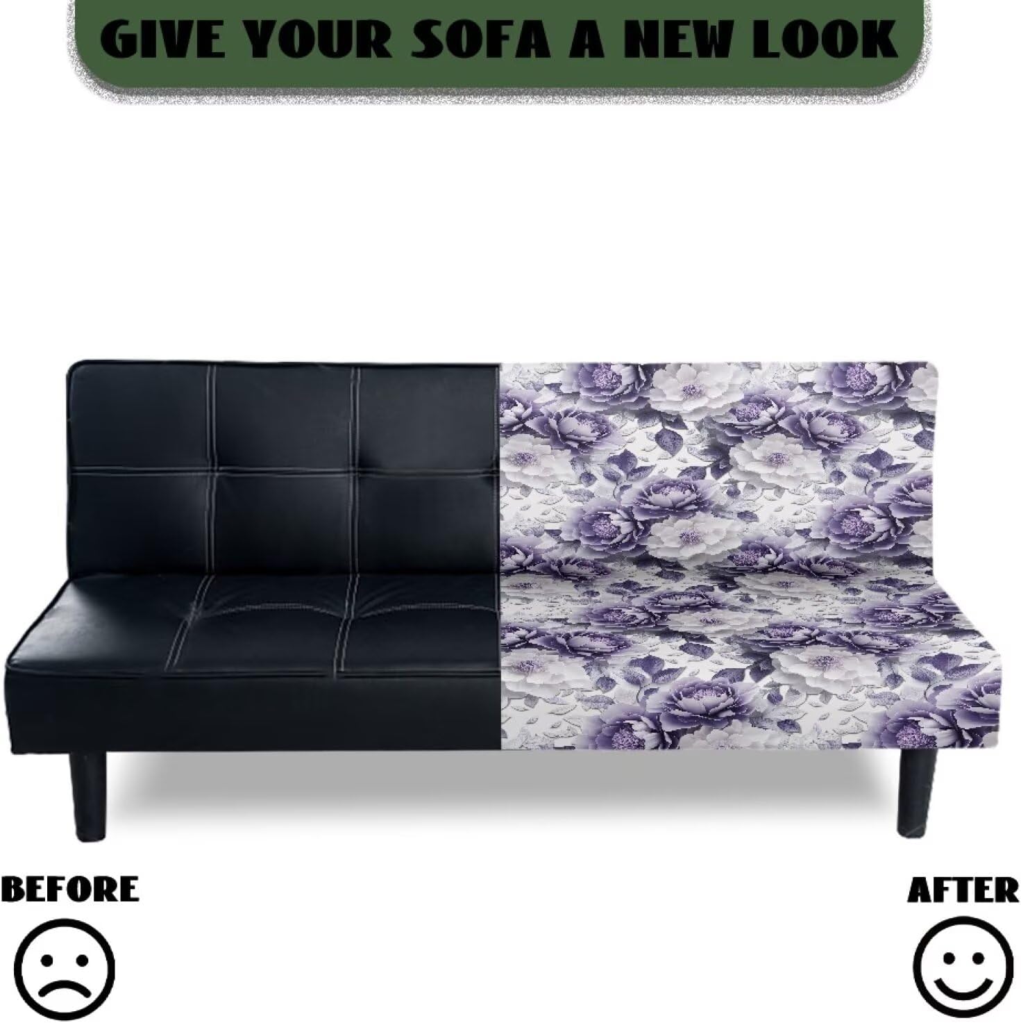Armless Sofa Cover Futon Slipcover Stretch Elastic Folding Couch Bed Covers Non-Armrest Couch Furniture Protector Printed Washable Sofa Cover Without Armrests,Purple White Flower